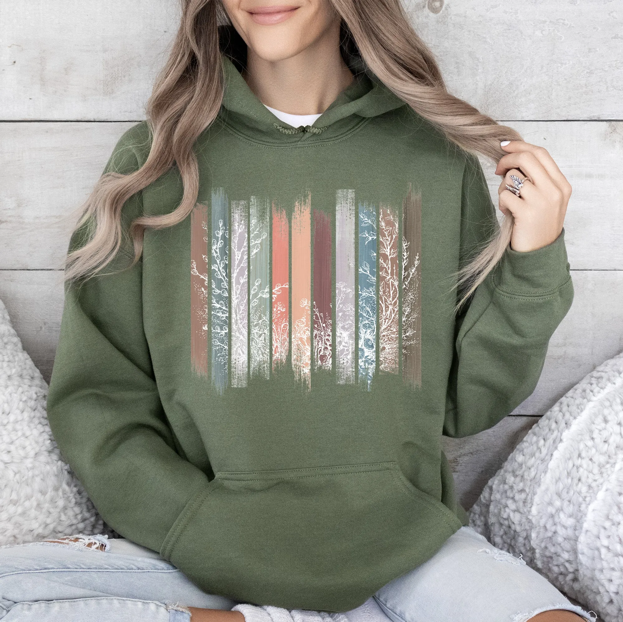 Meadow Vines, Flowers, Nature, Botanical Stripes Hoodie sold by Refinery Number One