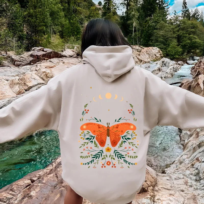 Celestial Garden Tale, Moth, Moon, and Flowers Hoodie sold by Refinery Number One