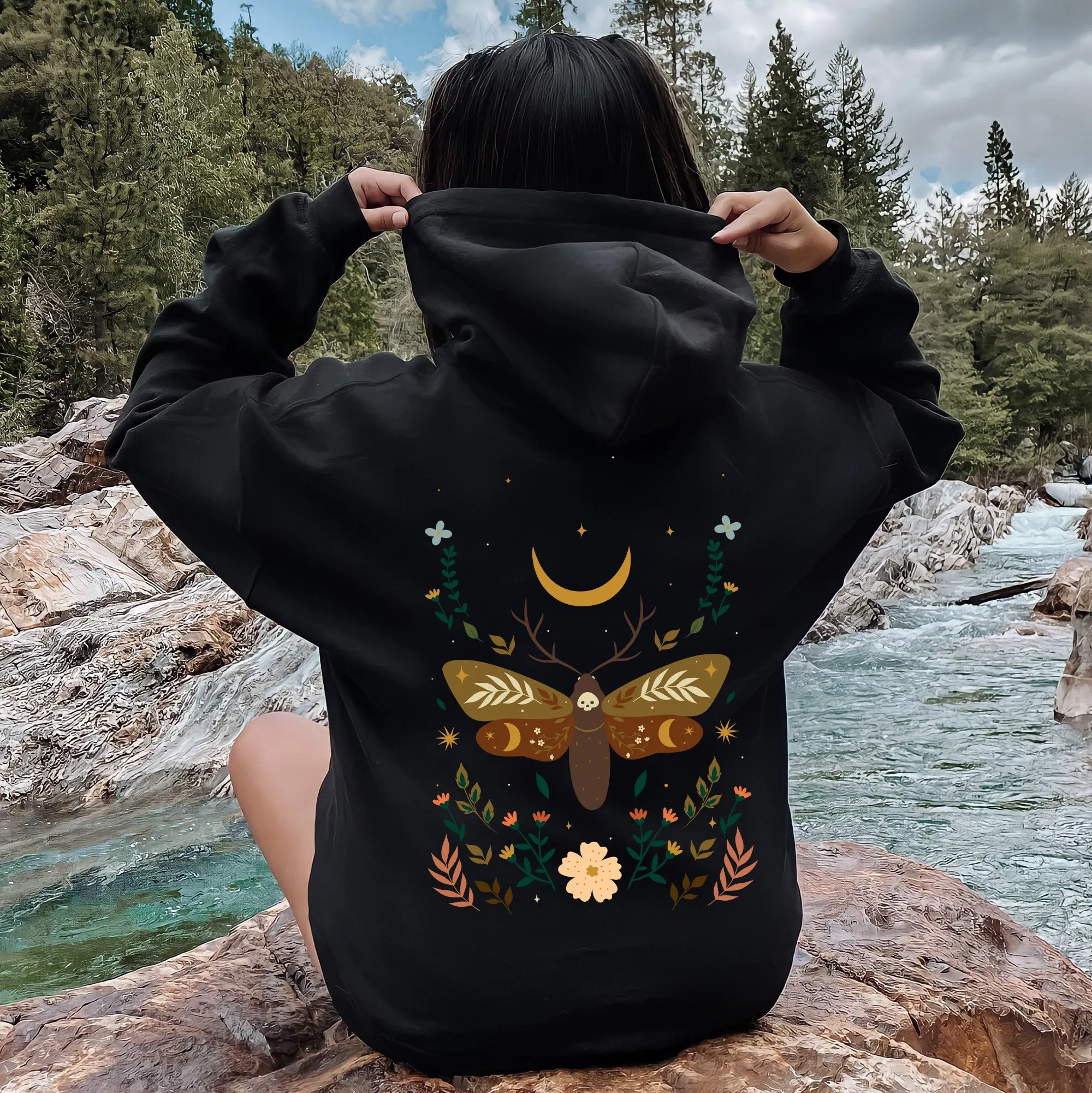 Enchanted Moth Garden Floral Print Botanical Moth Themed Art Nature Inspired Graphic Hoodie sold by Refinery Number One product image thumbnail 3