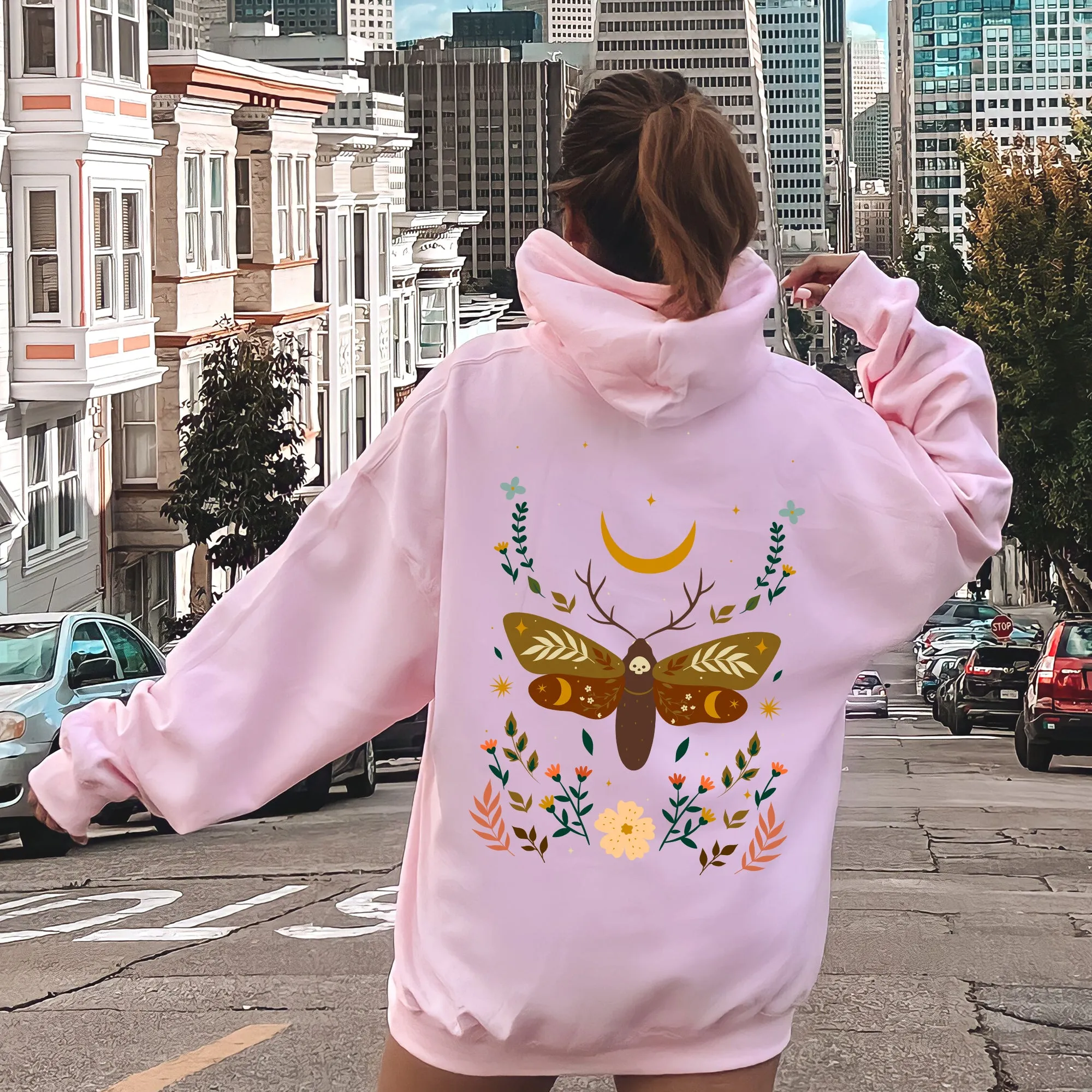 Enchanted Moth Garden Floral Print Botanical Moth Themed Art Nature Inspired Graphic Hoodie sold by Refinery Number One product image thumbnail 4