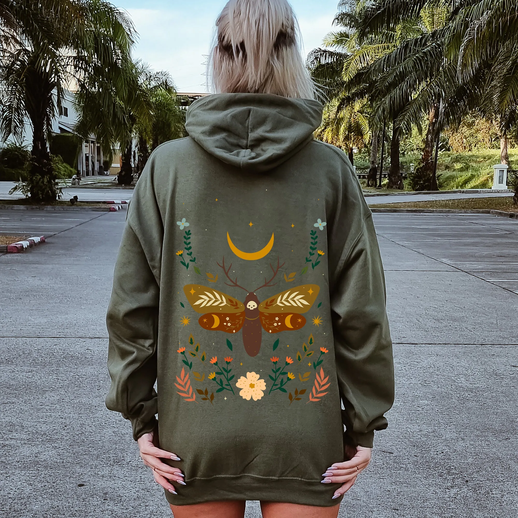 Enchanted Moth Garden Floral Print Botanical Moth Themed Art Nature Inspired Graphic Hoodie sold by Refinery Number One product image thumbnail 5