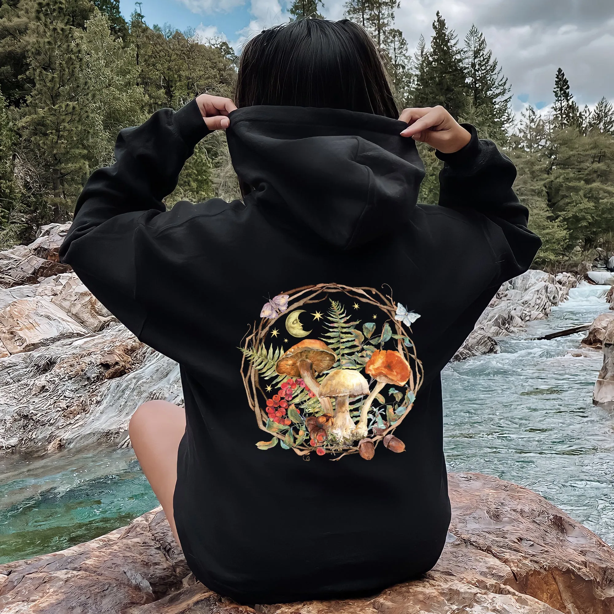 Moon, Moth And Mushrooms, Nature, Forest, Cottage Hoodie sold by Refinery Number One product image thumbnail 3