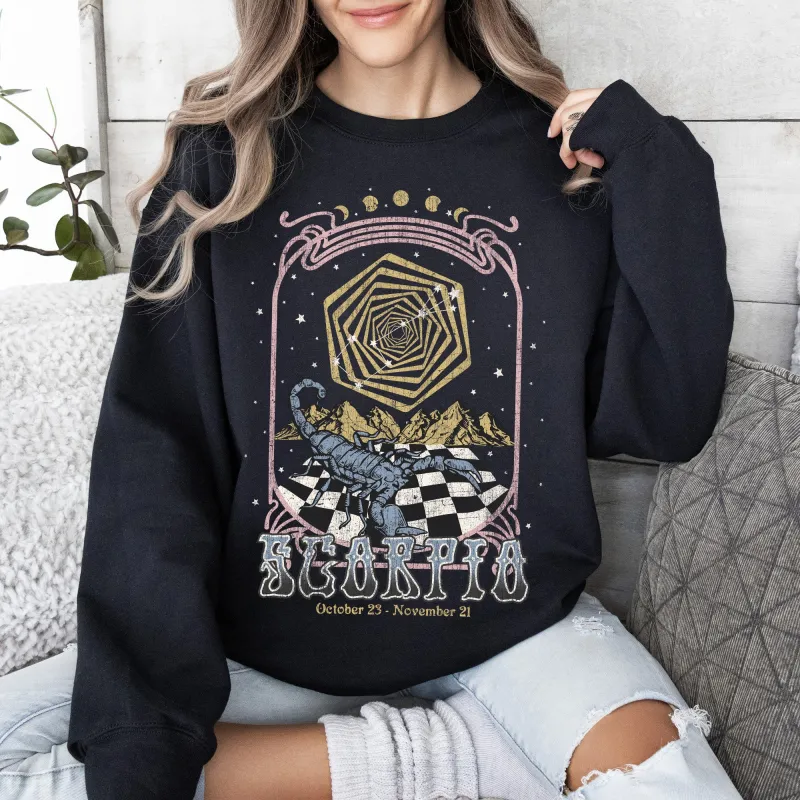 Scorpio Zodiac Astrology Horoscope Celestial Signs Constellations Night Sky Mystic Energy Sweatshirt made by Refinery Number One
