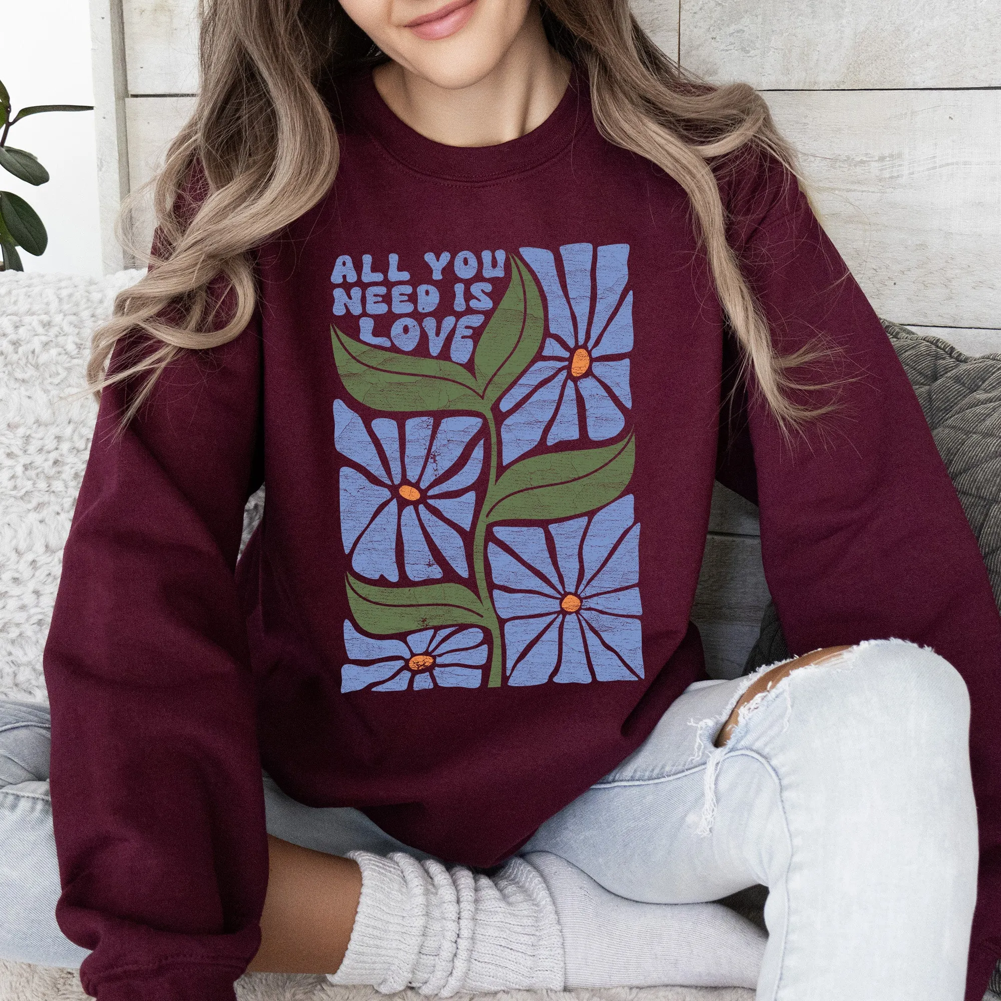 All You Need Is Love, Retro Flowers Sweatshirt sold by Refinery Number One product image thumbnail 5