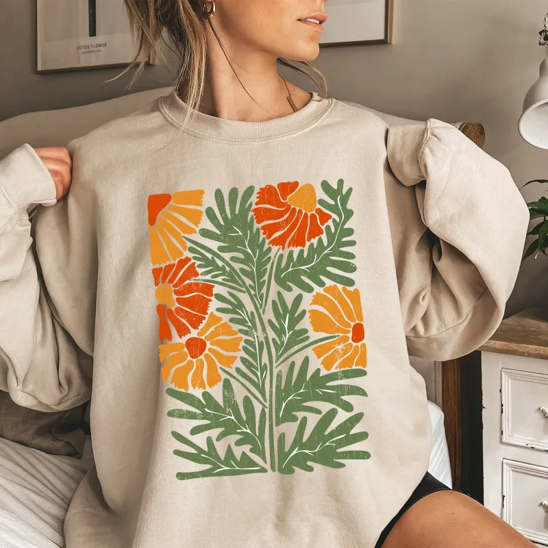 Retro Daisy Design, Greens, Orange, Vintage, Floral, Flower Sweatshirt sold by Refinery Number One