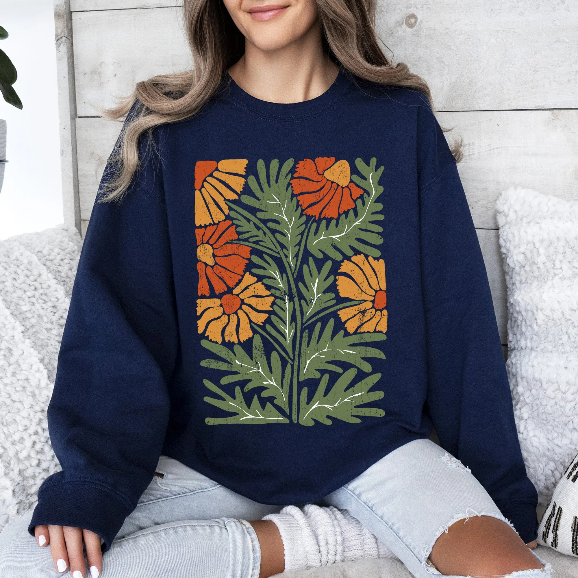 Retro Daisy Design, Greens, Orange, Vintage, Floral, Flower Sweatshirt sold by Refinery Number One product image thumbnail 3