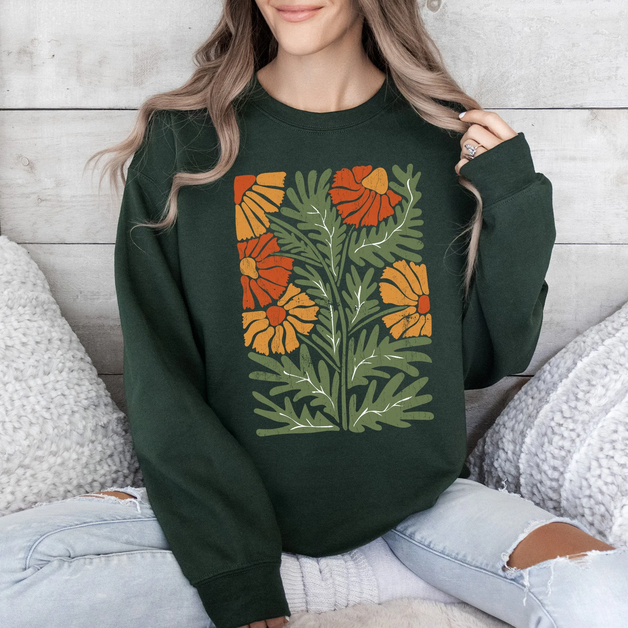 Retro Daisy Design, Greens, Orange, Vintage, Floral, Flower Sweatshirt sold by Refinery Number One product image thumbnail 4