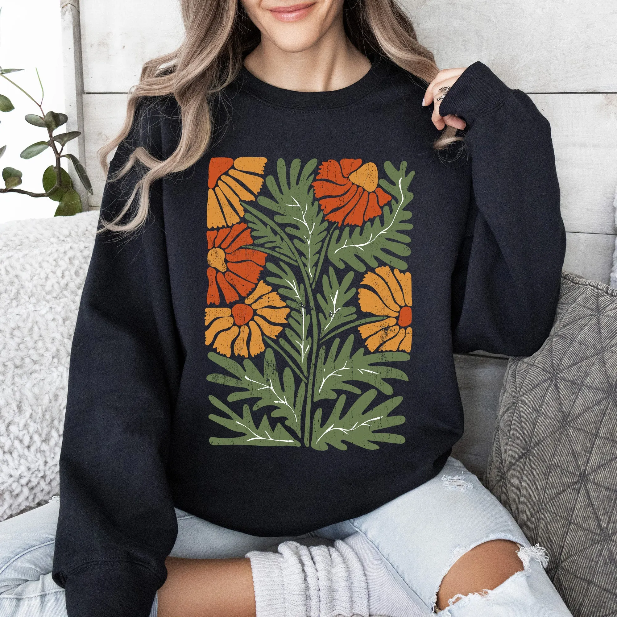 Retro Daisy Design, Greens, Orange, Vintage, Floral, Flower Sweatshirt sold by Refinery Number One product image thumbnail 2