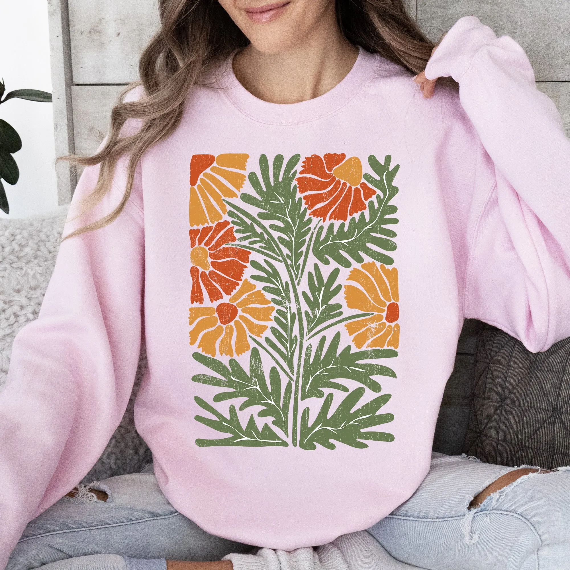 Retro Daisy Design, Greens, Orange, Vintage, Floral, Flower Sweatshirt sold by Refinery Number One product image thumbnail 5
