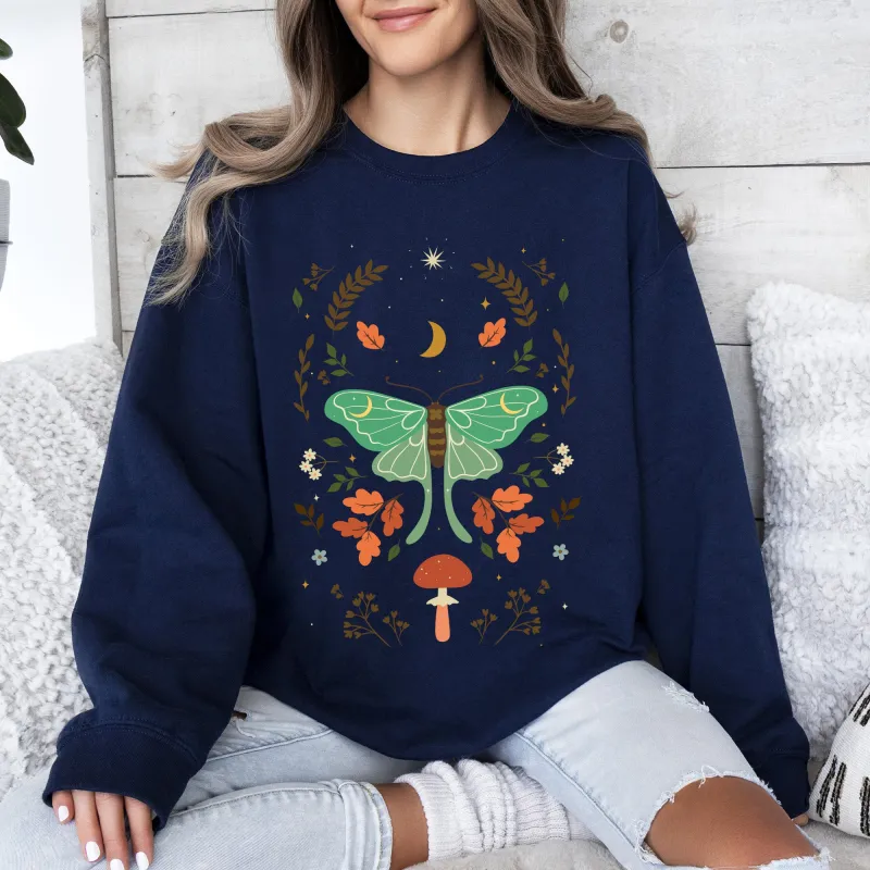 Mystical Moth and Moon, Enchanted Floral Night Sky Sweatshirt sold by Refinery Number One