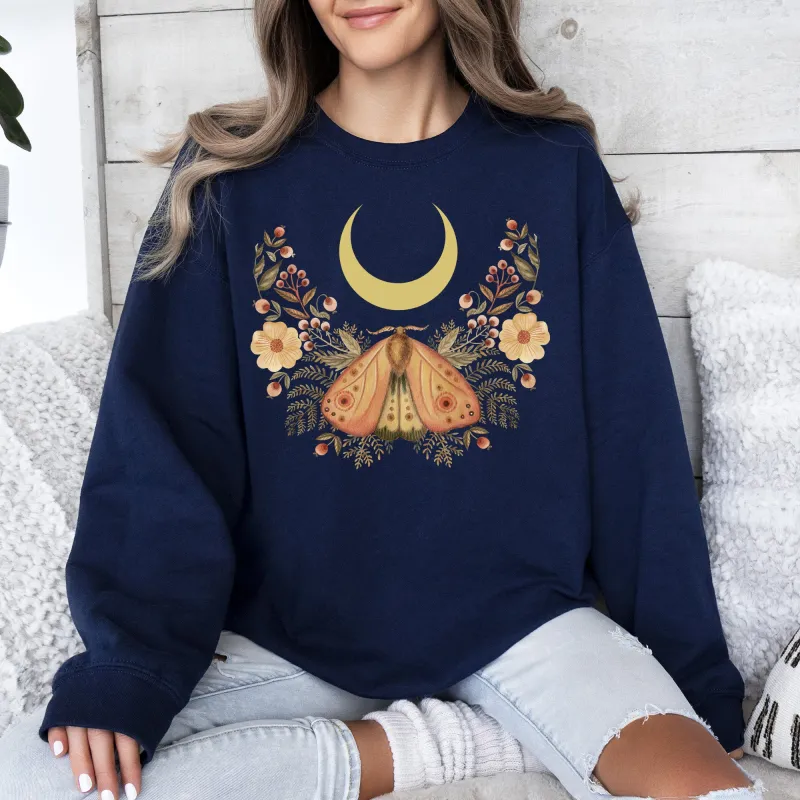 Mystical Moth and Moon, Enchanted Floral Night Sky Sweatshirt sold by Refinery Number One