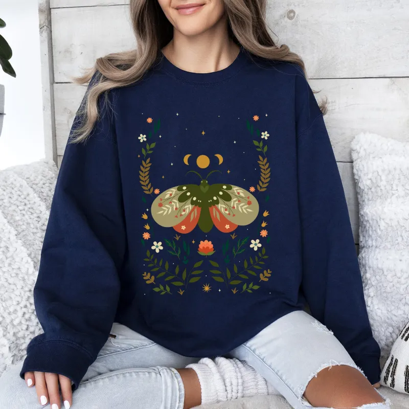Midnight Garden Dance, Moth, Moon, and Floral Print Sweatshirt sold by Refinery Number One