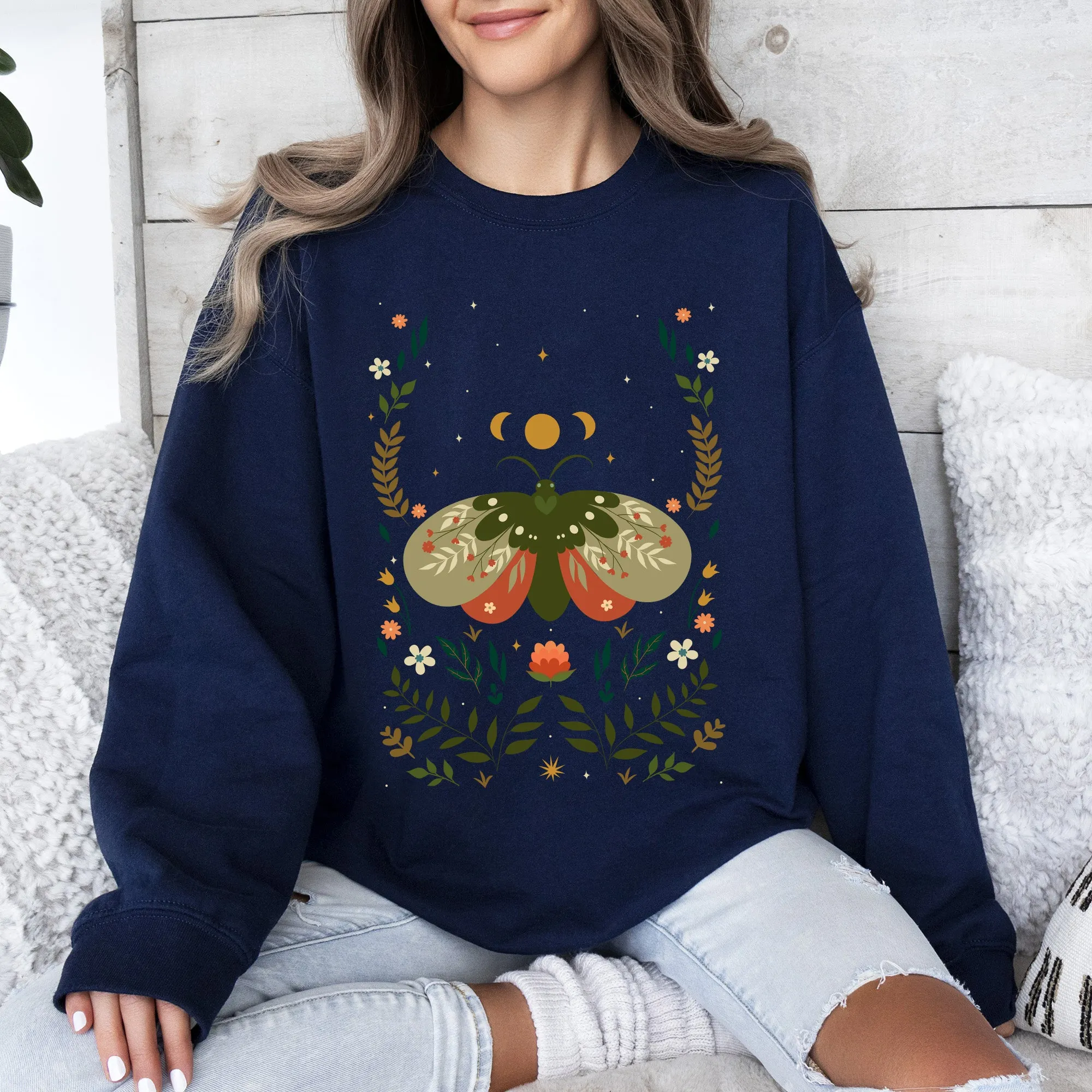 Midnight Garden Dance, Moth, Moon, and Floral Print Sweatshirt sold by Refinery Number One