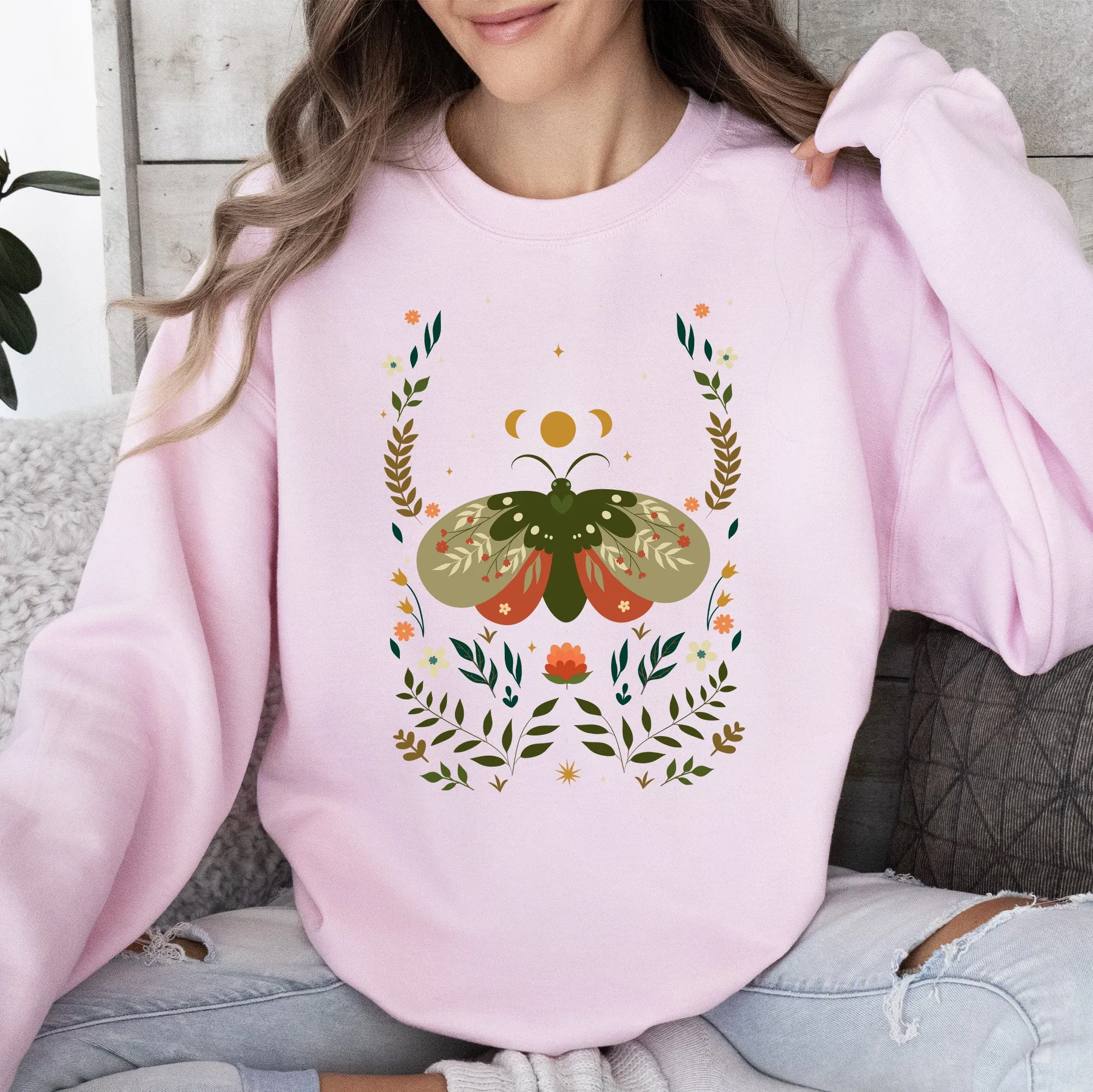 Midnight Garden Dance, Moth, Moon, and Floral Print Sweatshirt sold by Refinery Number One product image thumbnail 4