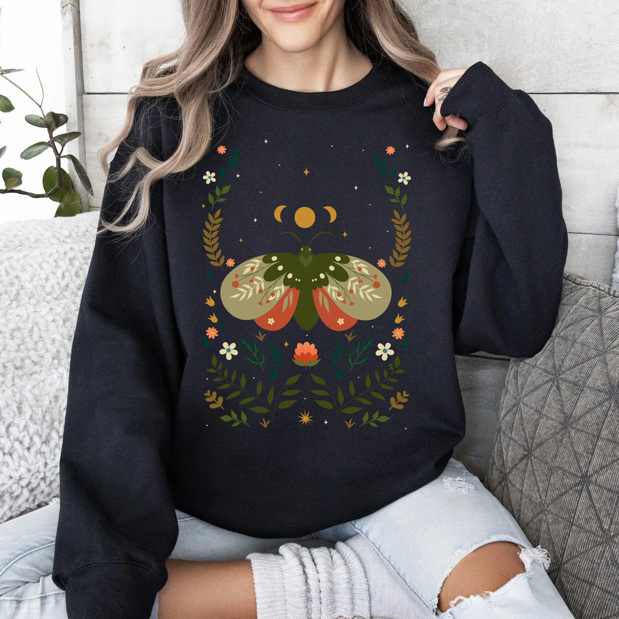 Midnight Garden Dance, Moth, Moon, and Floral Print Sweatshirt sold by Refinery Number One product image thumbnail 2