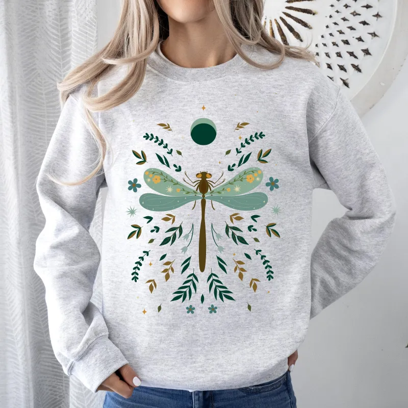 Floral Night Sky, Dragonfly, Moon, and Blooms Sweatshirt sold by Refinery Number One