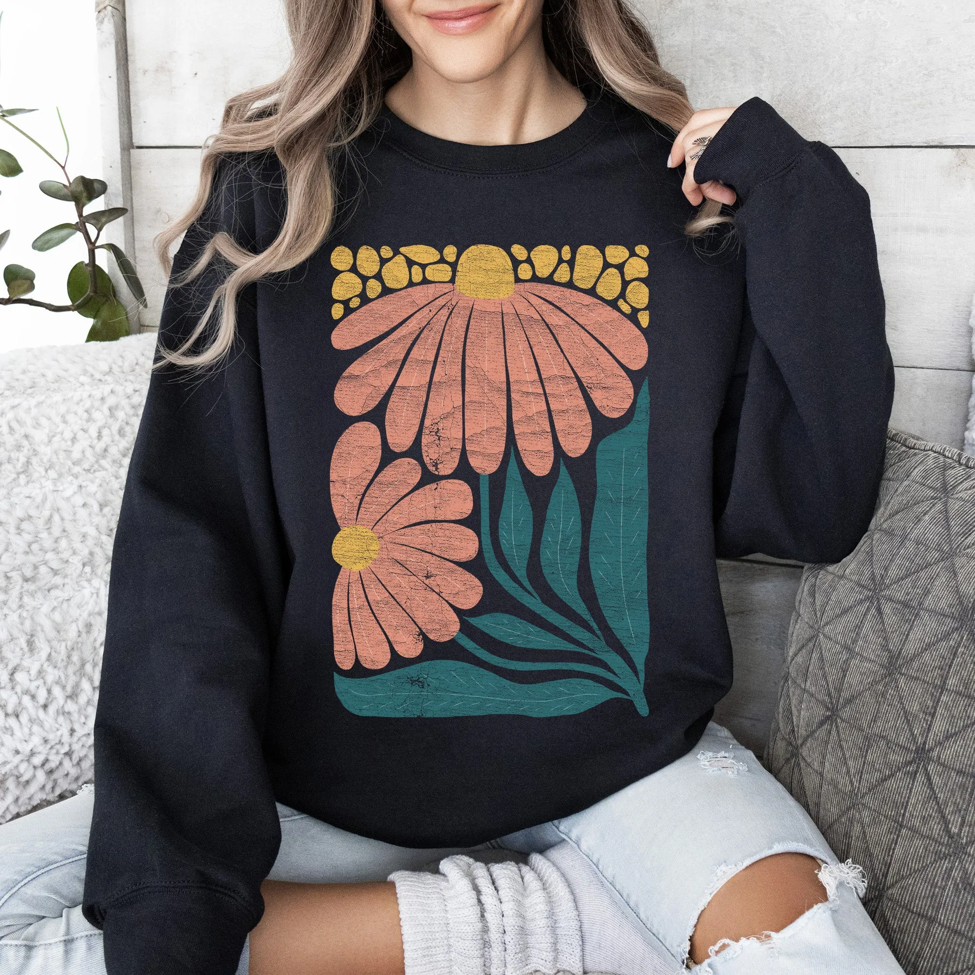 Colorful Daisies, Art Nouveau, Floral Design Sweatshirt sold by Refinery Number One product image thumbnail 2