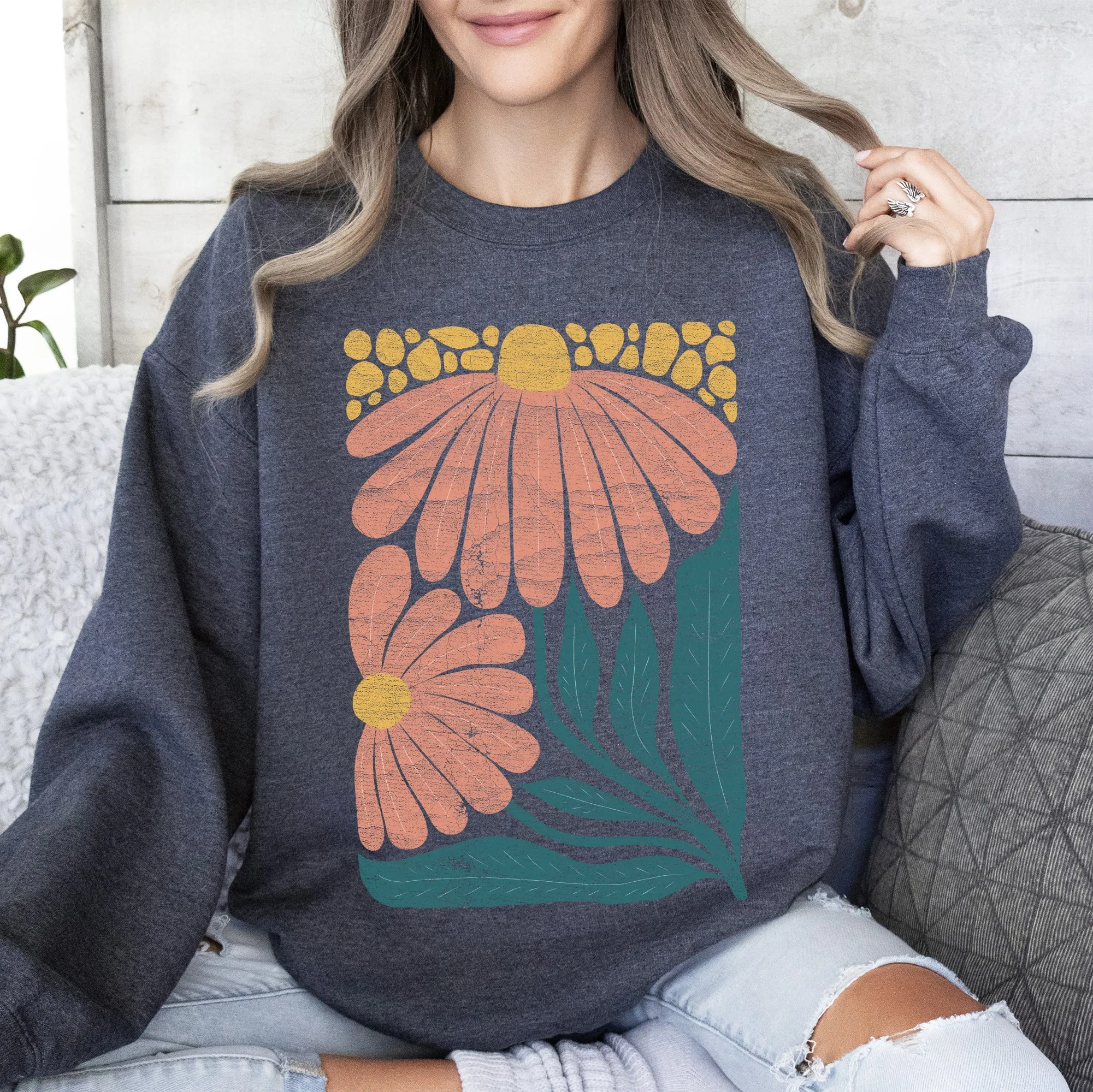 Colorful Daisies, Art Nouveau, Floral Design Sweatshirt sold by Refinery Number One product image thumbnail 4
