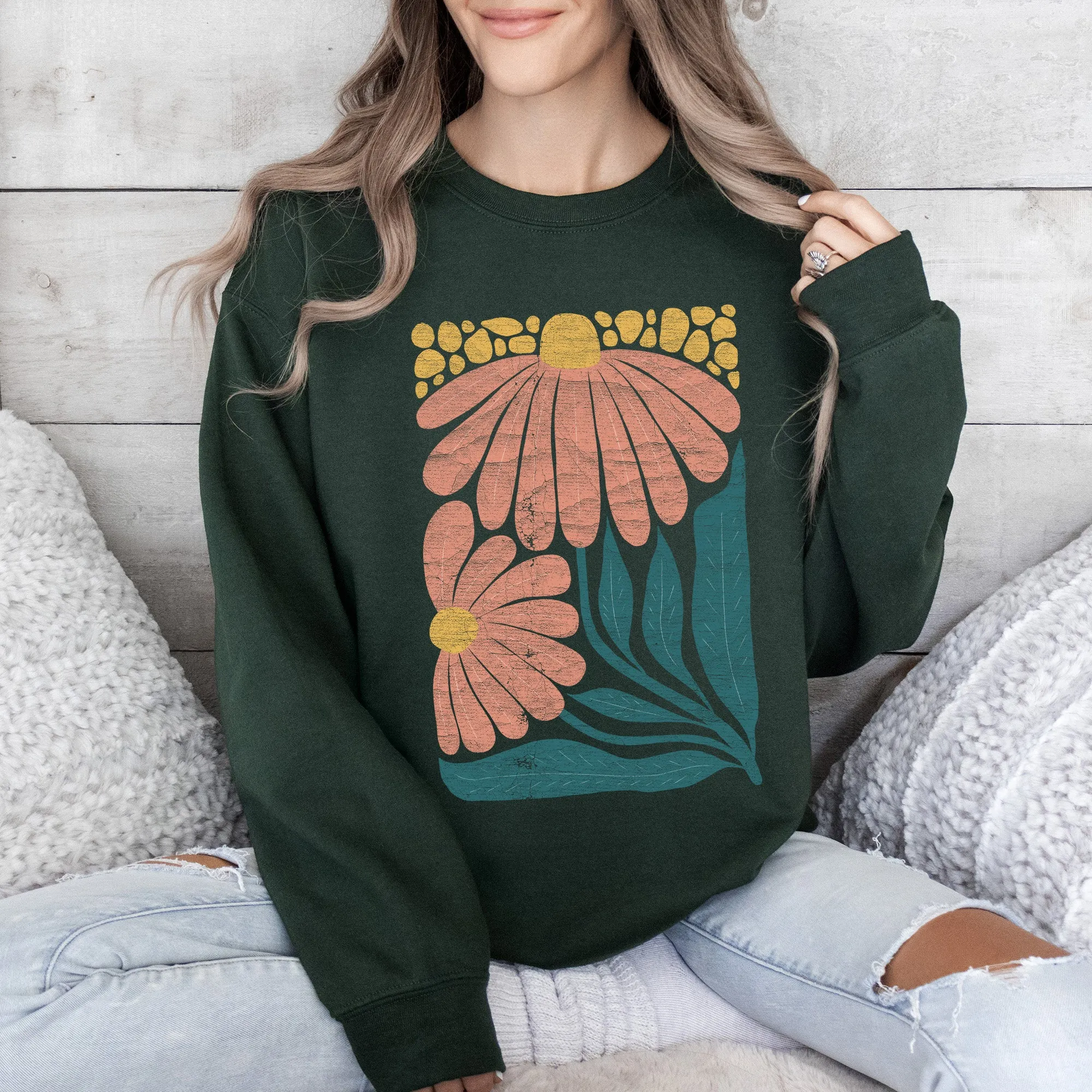 Colorful Daisies, Art Nouveau, Floral Design Sweatshirt sold by Refinery Number One product image thumbnail 3