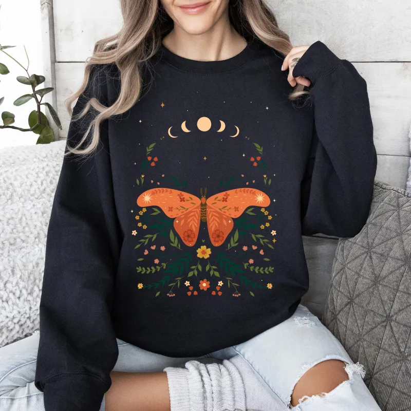 Celestial Garden Tale, Moth, Moon, and Flowers Sweatshirt sold by Refinery Number One