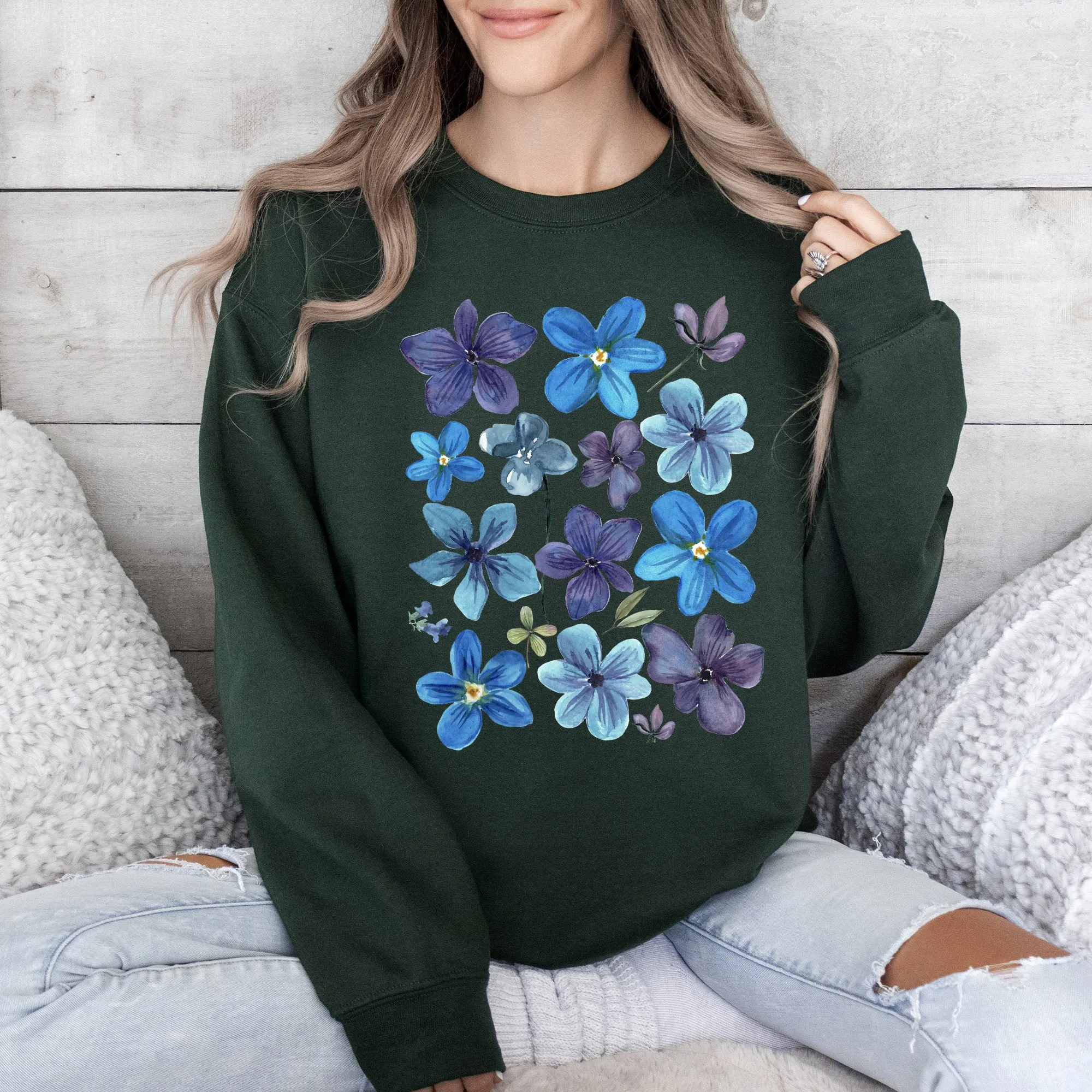 Bold Floral Blues, Pressed Flowers, Nature Sweatshirt sold by Refinery Number One product image thumbnail 4