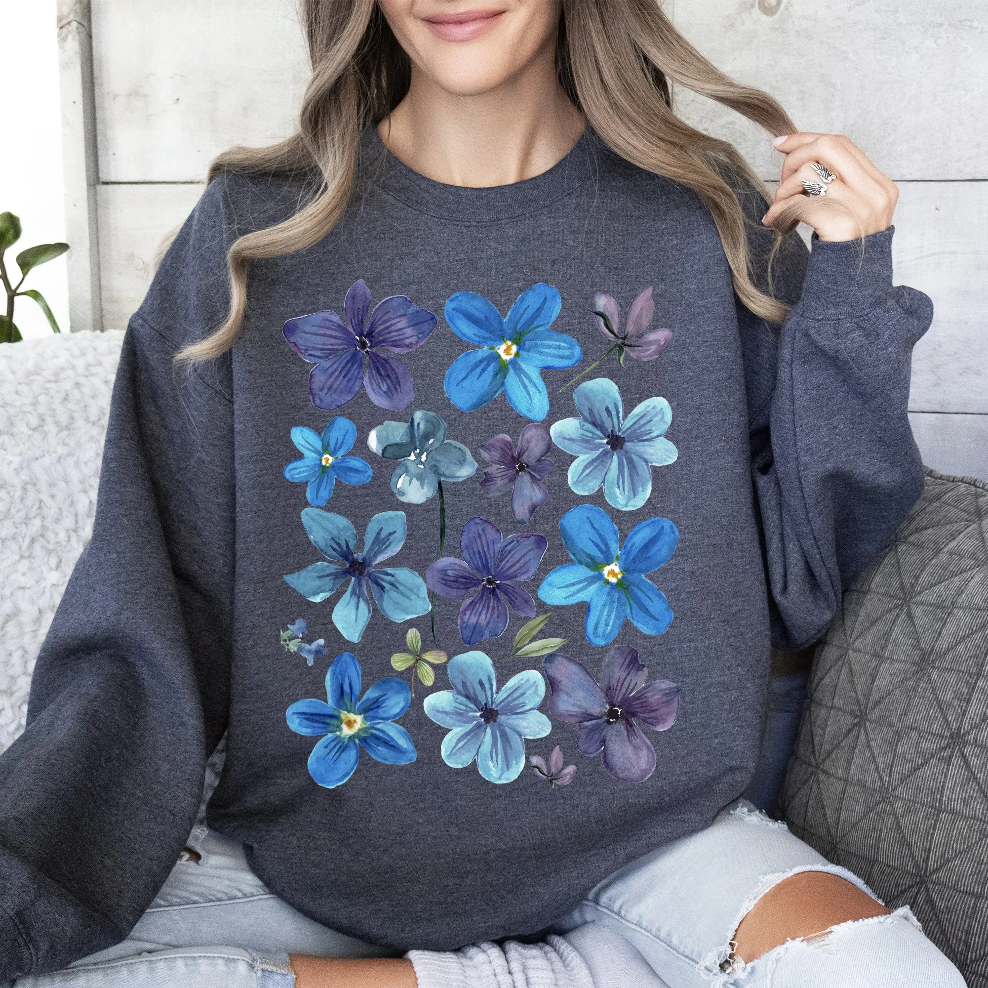 Bold Floral Blues, Pressed Flowers, Nature Sweatshirt sold by Refinery Number One product image thumbnail 3