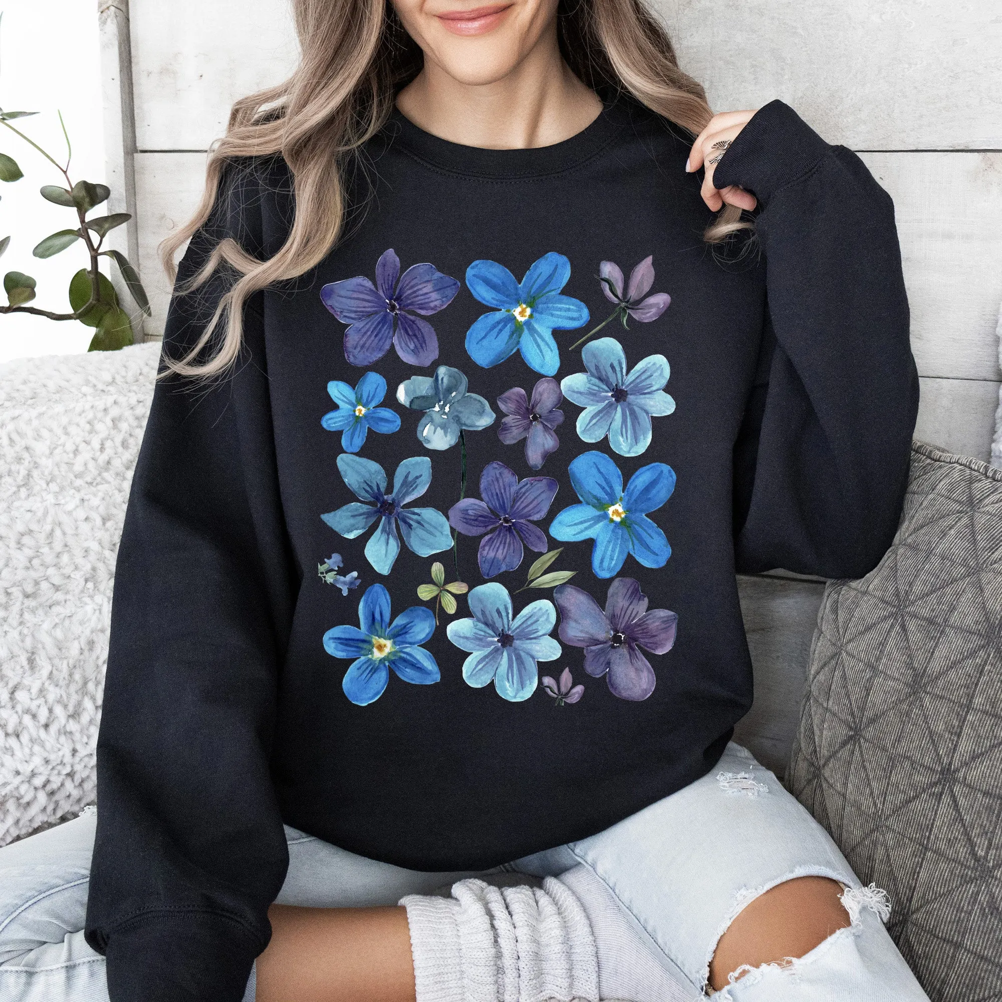 Bold Floral Blues, Pressed Flowers, Nature Sweatshirt sold by Refinery Number One product image thumbnail 2