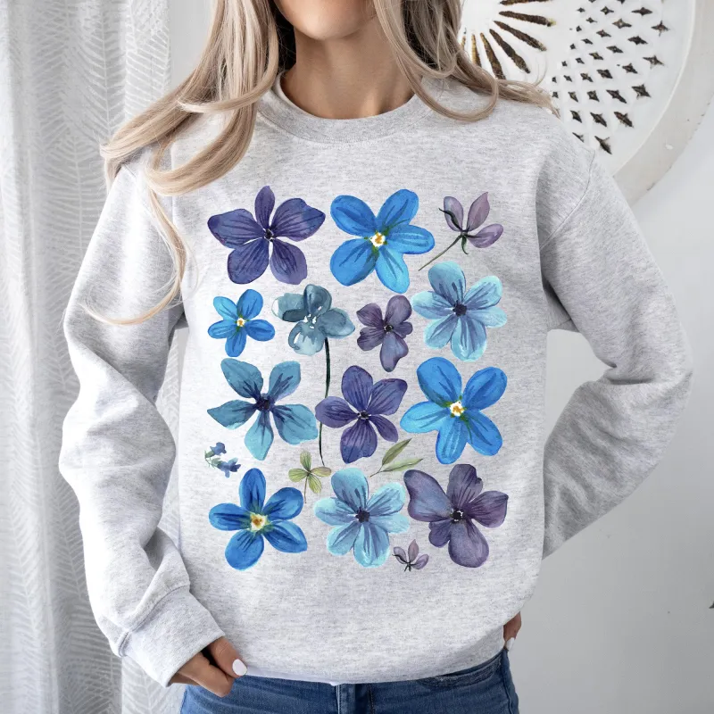 Bold Floral Blues, Pressed Flowers, Nature Sweatshirt sold by Refinery Number One