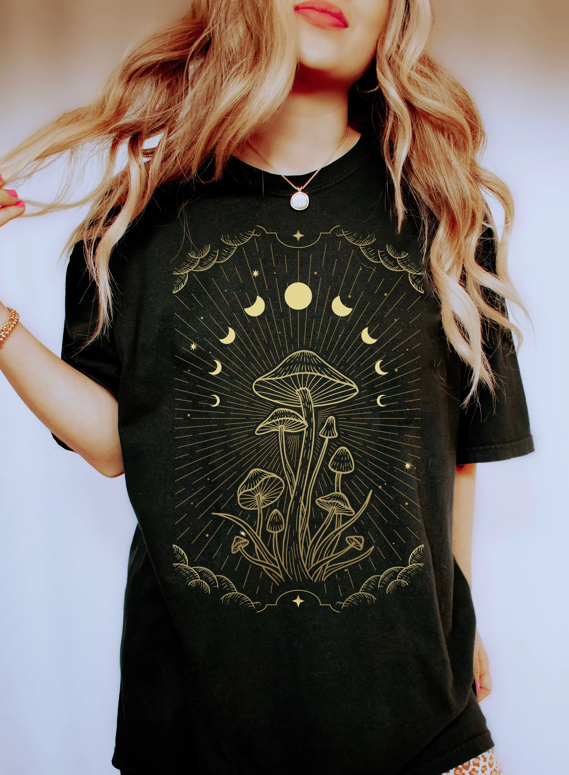 Celestial Moon Phases and Mushrooms Comfort Colors Tshirt sold by Refinery Number One