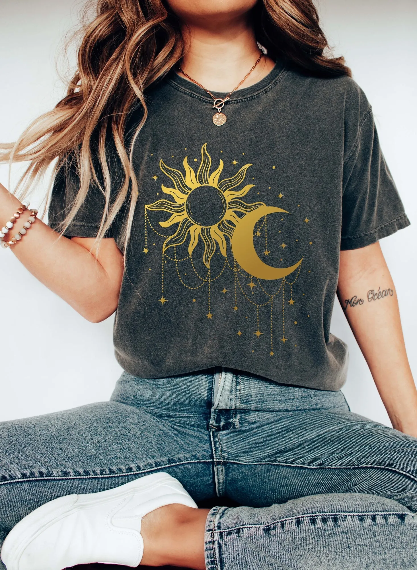 Sun and Moon Gold Chain Celestial Comfort Colors Tshirt sold by Refinery Number One