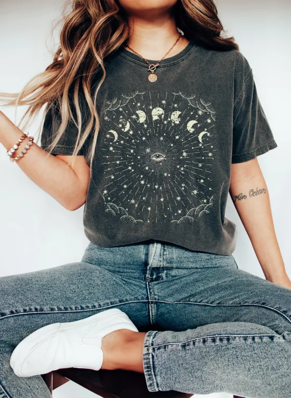 Celestial Moon Phases and Stars Comfort Colors Tshirt made by Refinery Number One