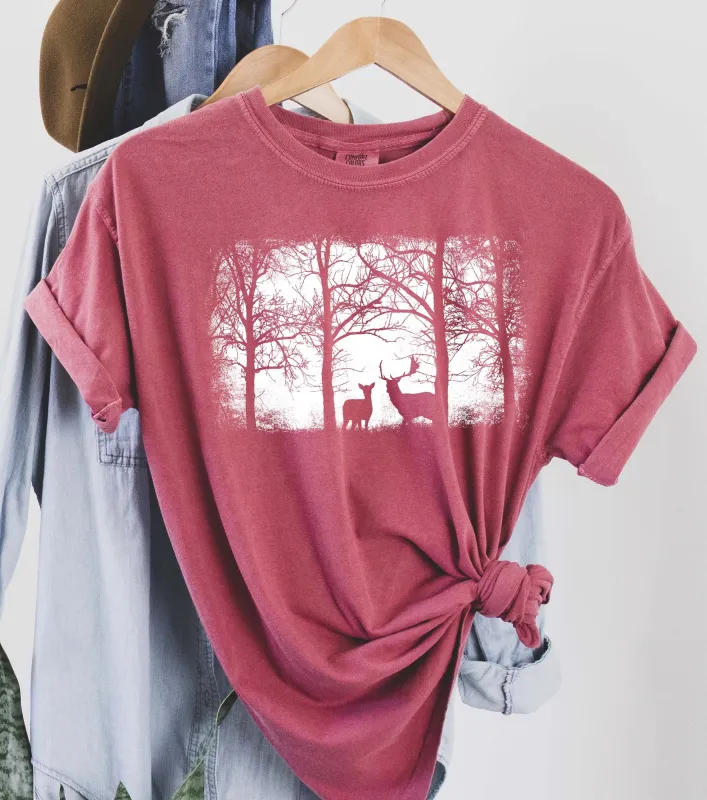 Vintage Nature Forest and Deer Silhouette Comfort Colors Tshirt sold by Refinery Number One
