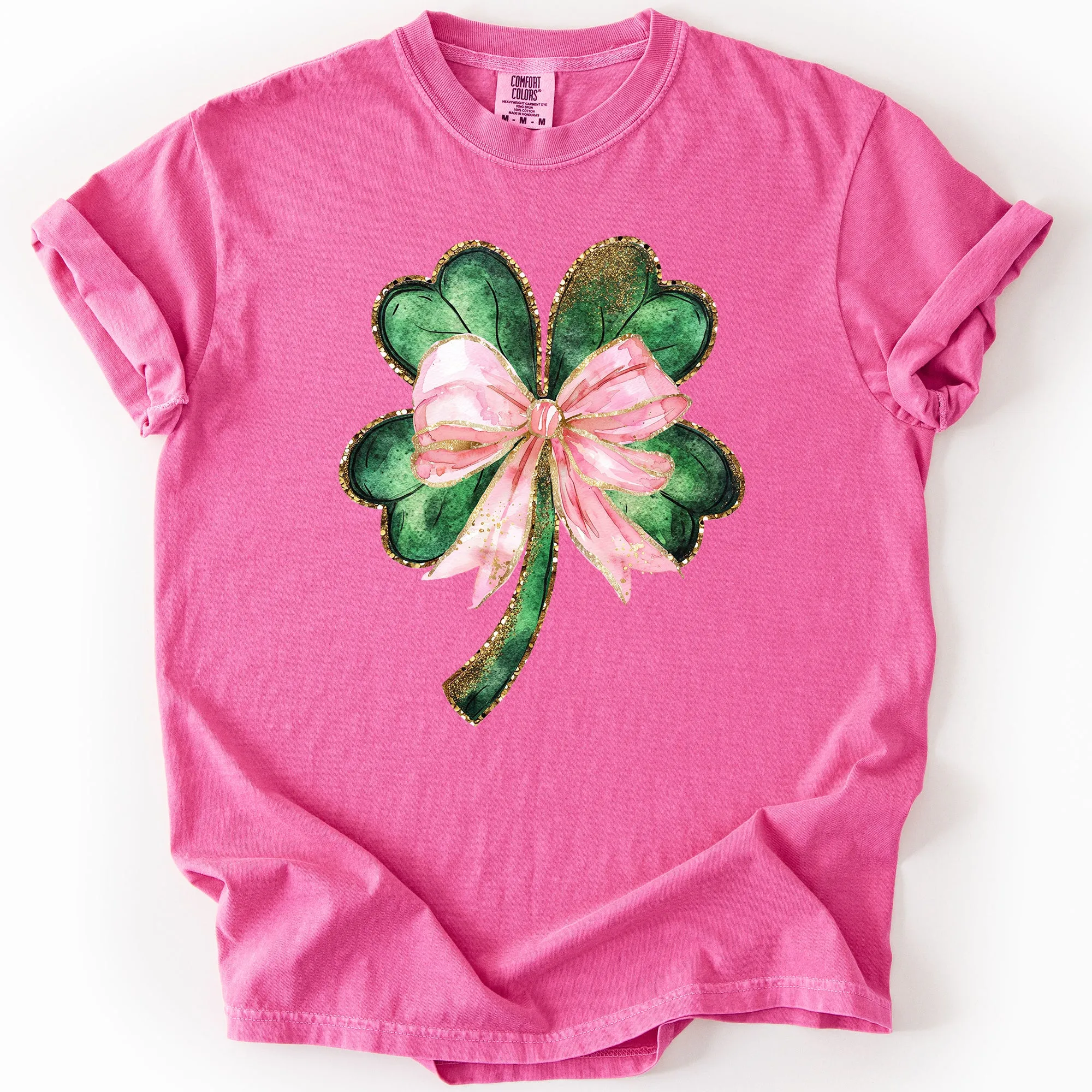 Glittery Shamrock Bow, Ribbon, St Patrick's Day, Pink, Coquette, Comfort Colors T-Shirt sold by Refinery Number One product image thumbnail 5
