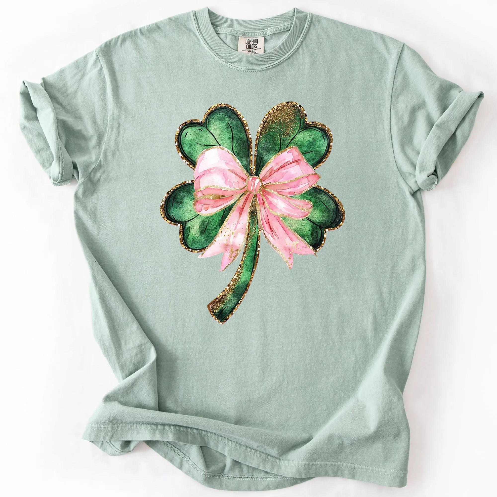 Glittery Shamrock Bow, Ribbon, St Patrick's Day, Pink, Coquette, Comfort Colors T-Shirt sold by Refinery Number One product image thumbnail 2