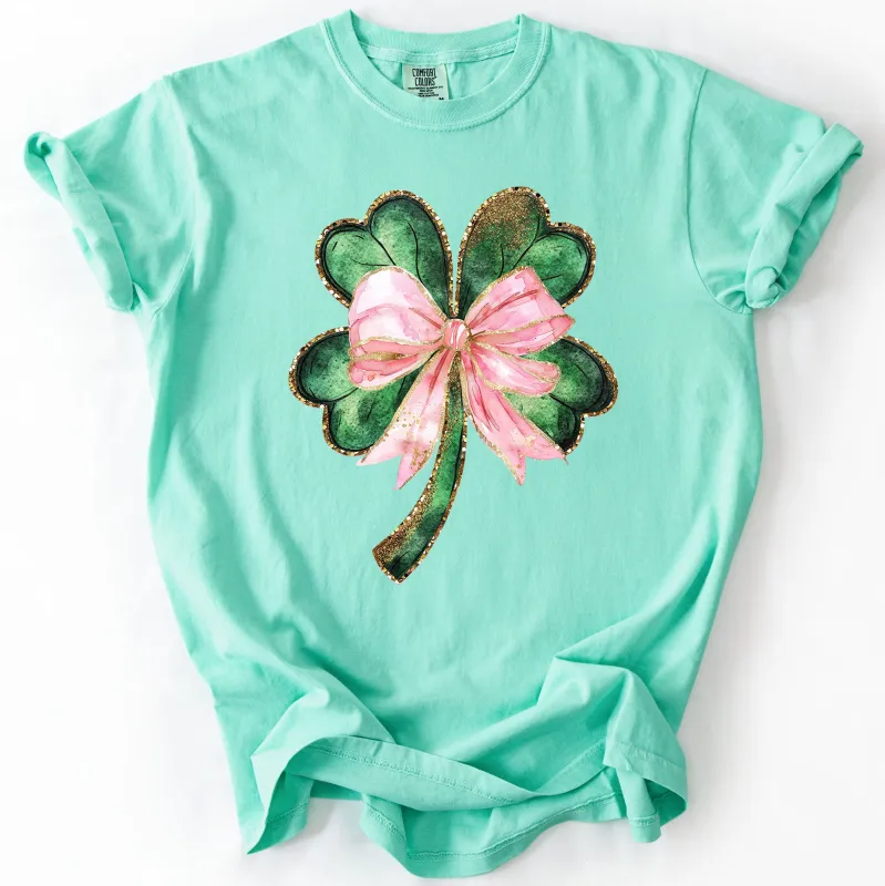 Glittery Shamrock Bow, Ribbon, St Patrick's Day, Pink, Coquette, Comfort Colors T-Shirt made by Refinery Number One