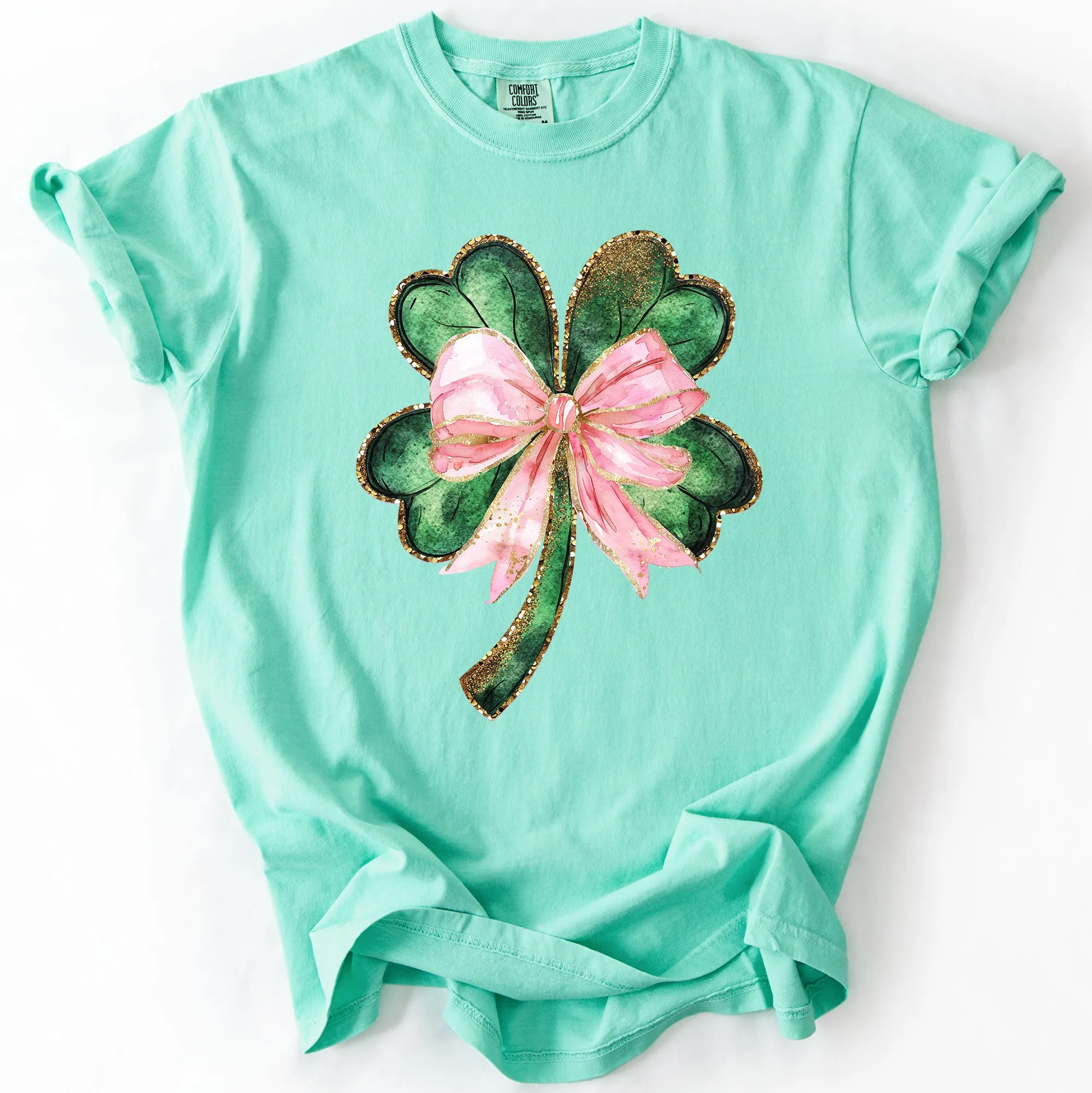 Glittery Shamrock Bow, Ribbon, St Patrick's Day, Pink, Coquette, Comfort Colors T-Shirt sold by Refinery Number One