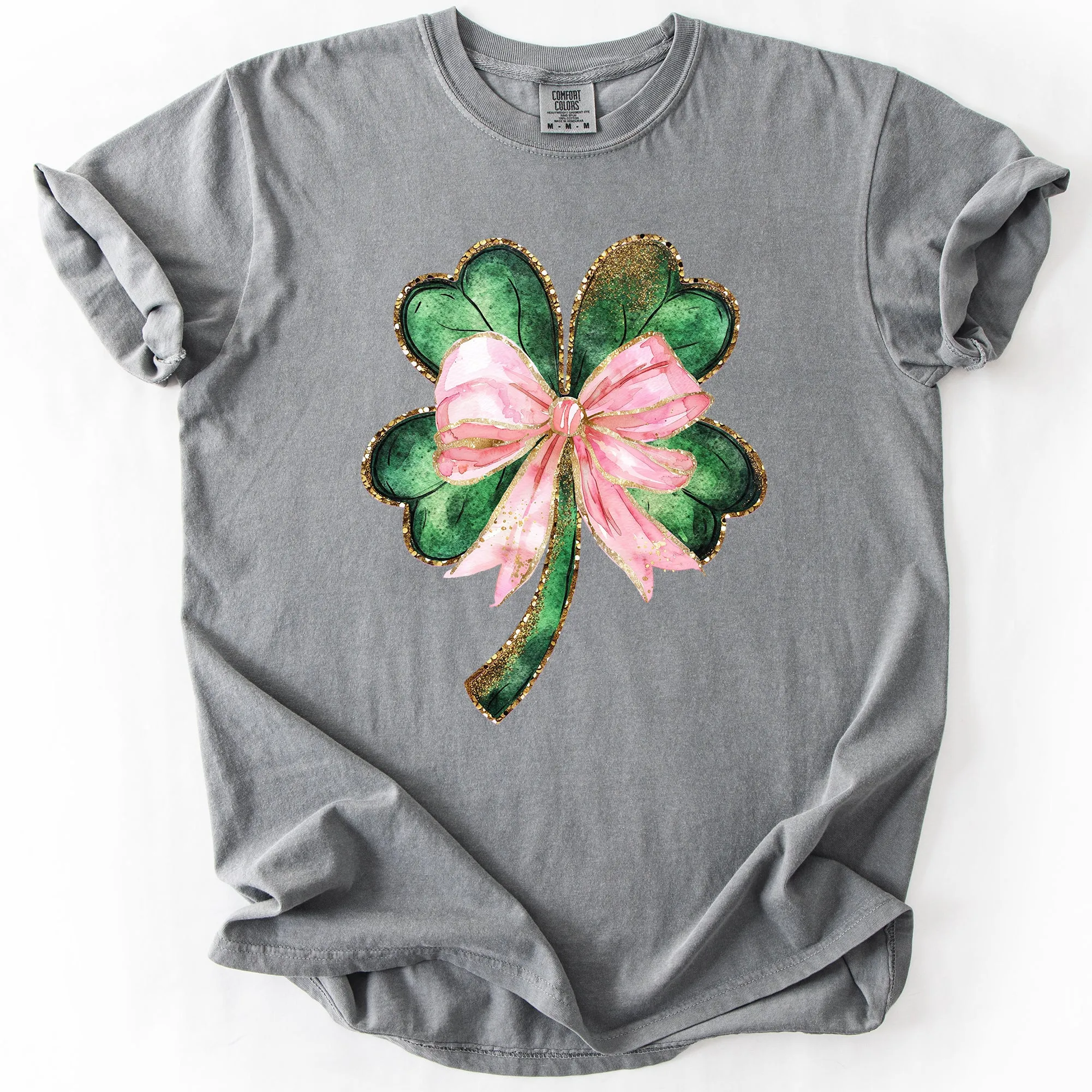 Glittery Shamrock Bow, Ribbon, St Patrick's Day, Pink, Coquette, Comfort Colors T-Shirt sold by Refinery Number One product image thumbnail 4