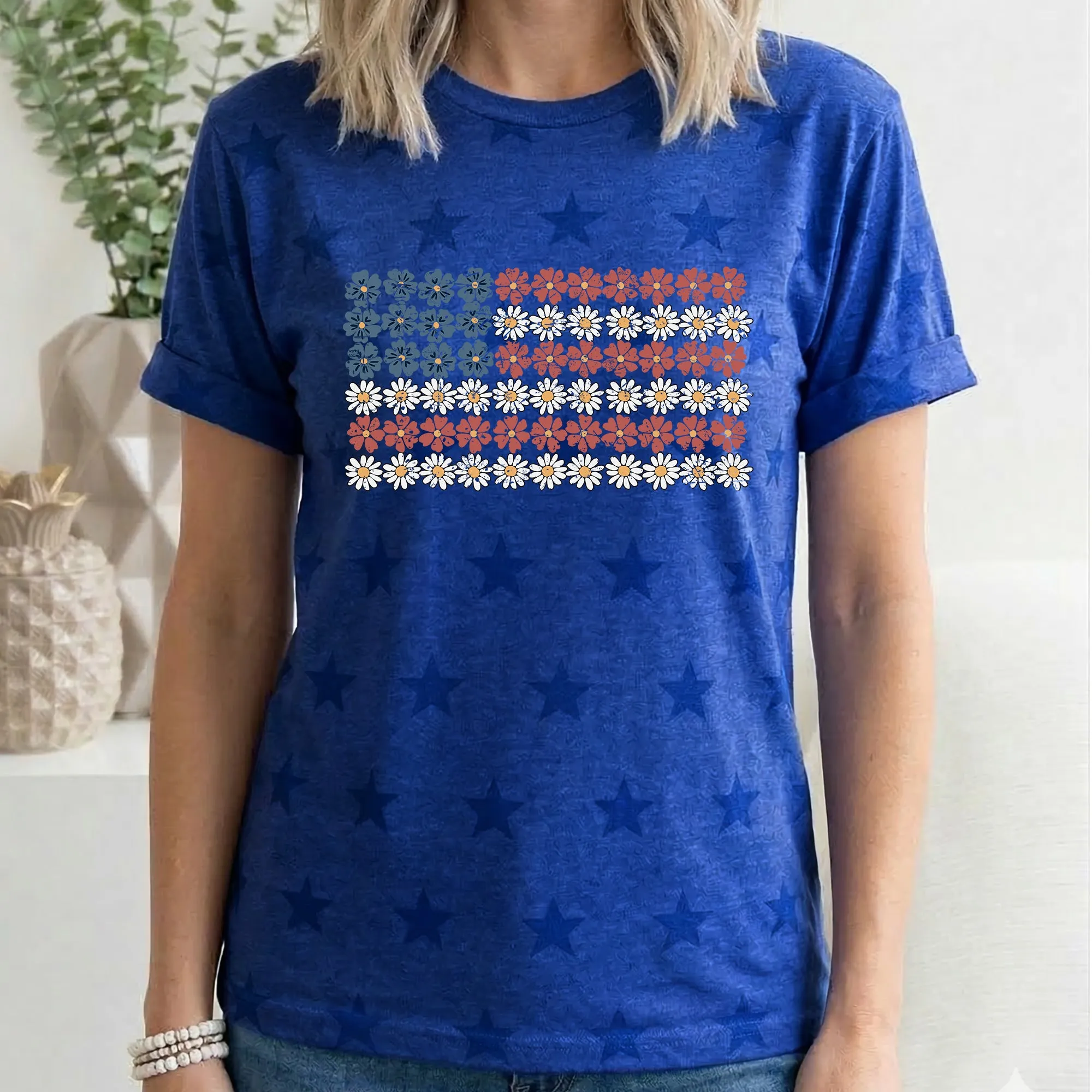 Vintage Flower Flag, Fourth of July, America, Patriotic, USA, Star Pattern T-Shirt sold by Refinery Number One product image thumbnail 2