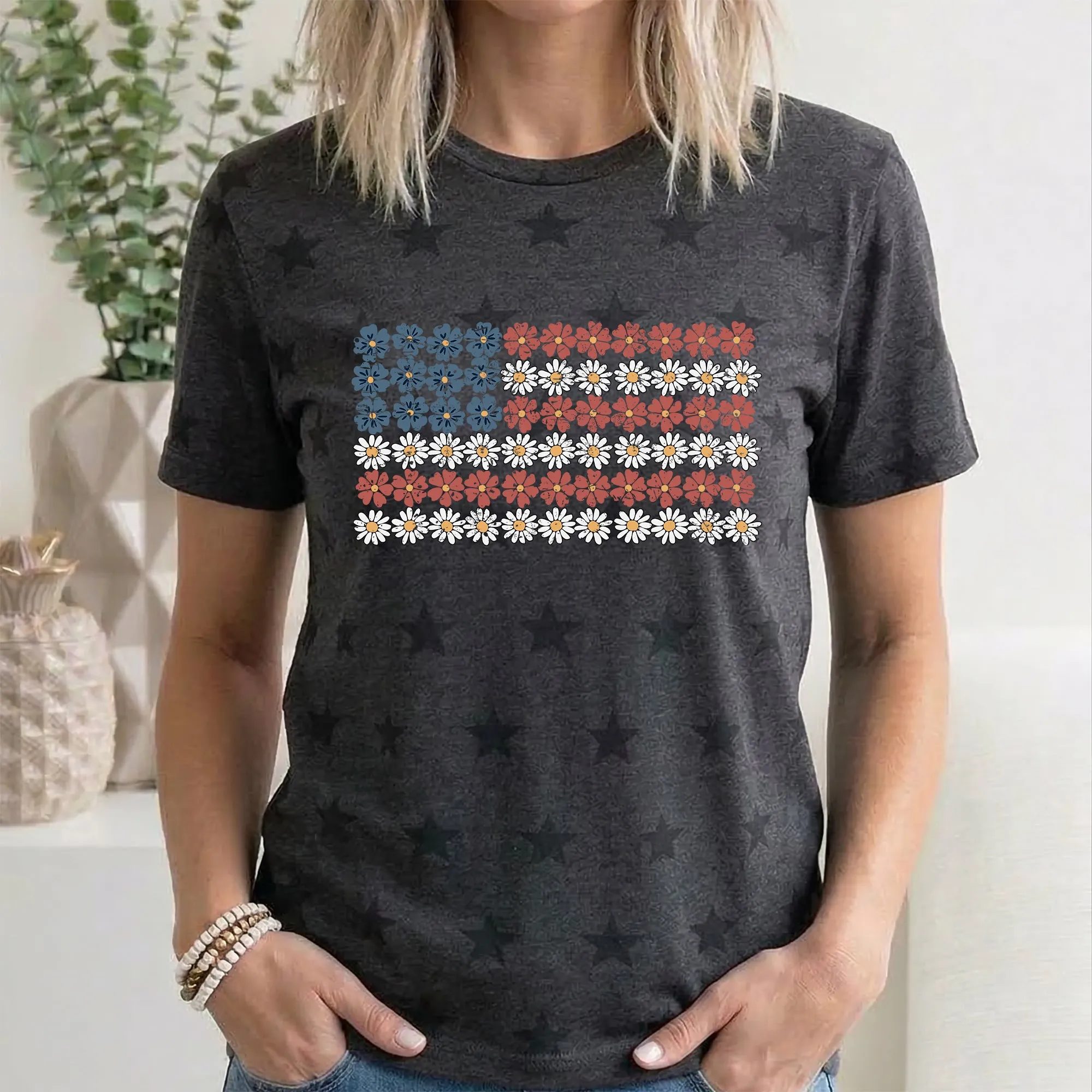 Vintage Flower Flag, Fourth of July, America, Patriotic, USA, Star Pattern T-Shirt sold by Refinery Number One