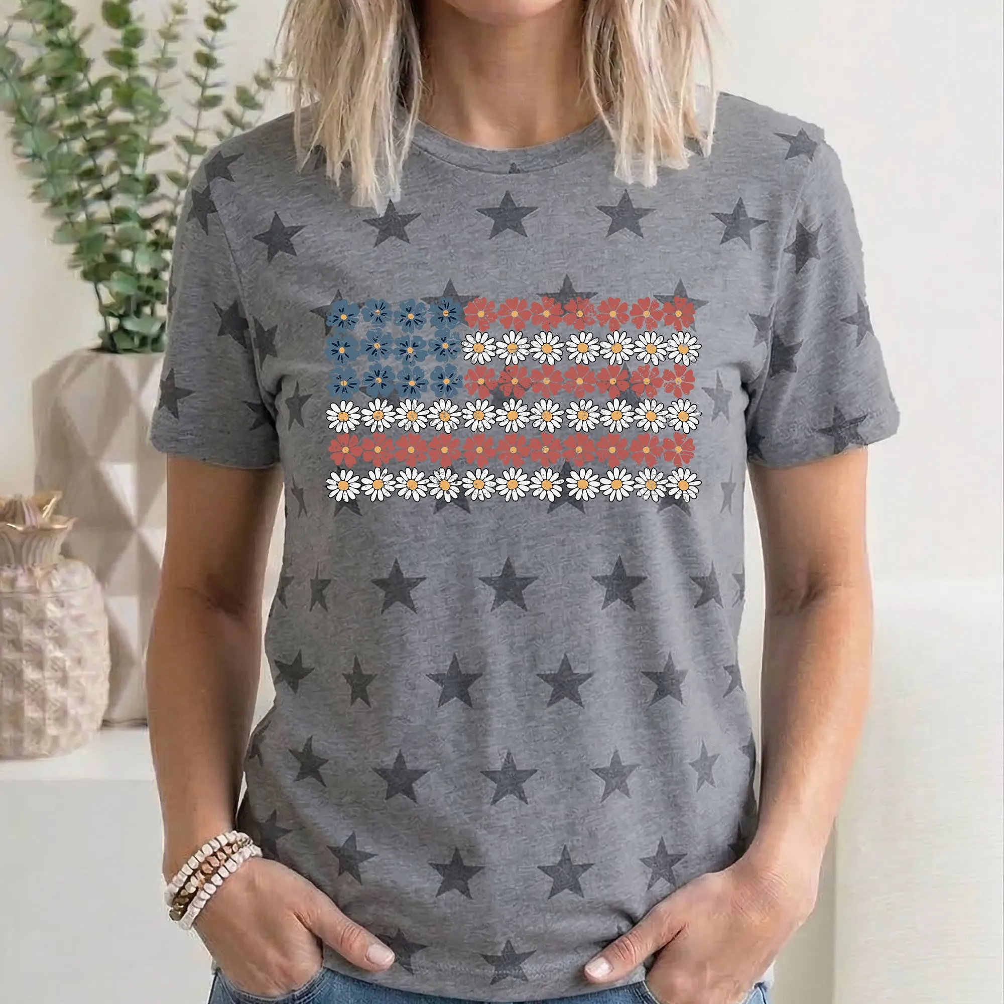 Vintage Flower Flag, Fourth of July, America, Patriotic, USA, Star Pattern T-Shirt sold by Refinery Number One product image thumbnail 3