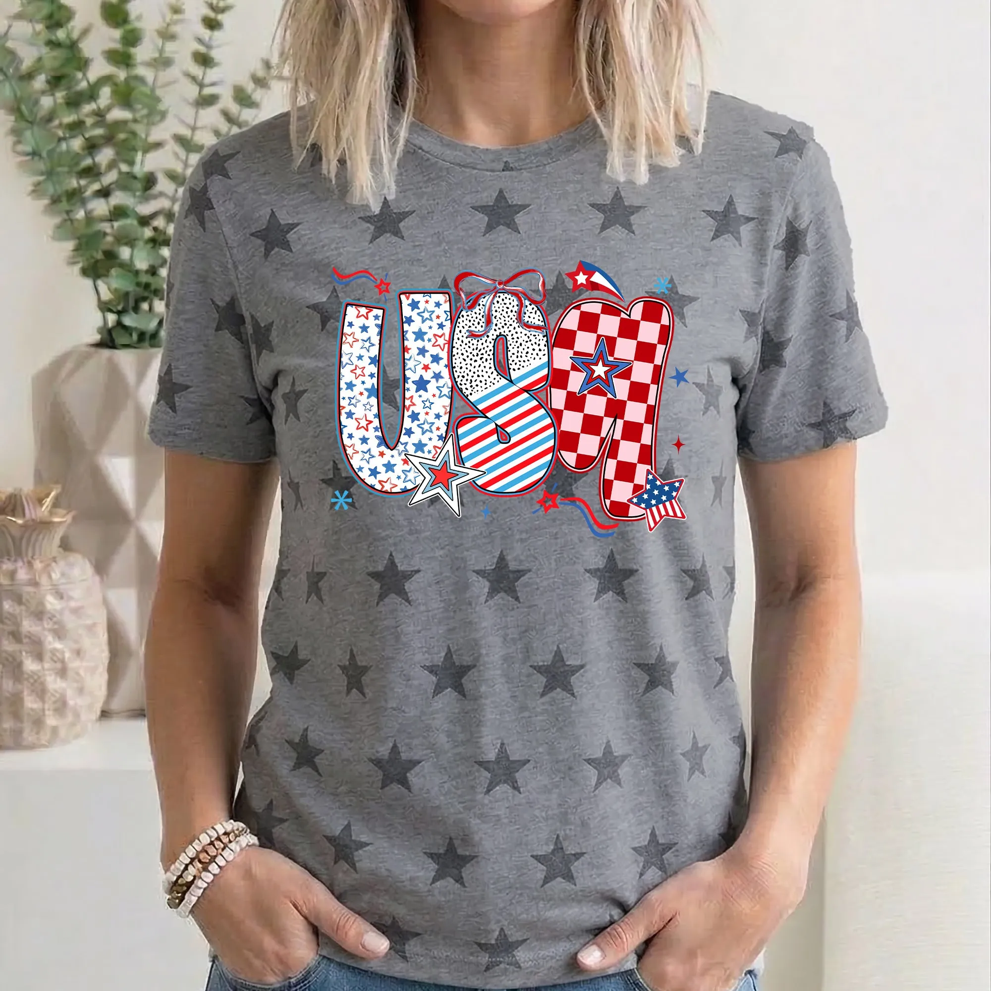 USA, Patriotic Patterns, Ribbons, Fourth of July, America, Star Pattern T-Shirt sold by Refinery Number One product image thumbnail 3