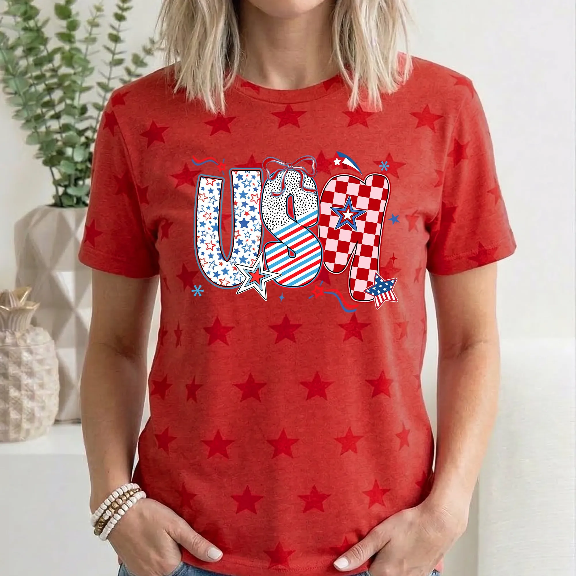 USA, Patriotic Patterns, Ribbons, Fourth of July, America, Star Pattern T-Shirt sold by Refinery Number One product image thumbnail 4