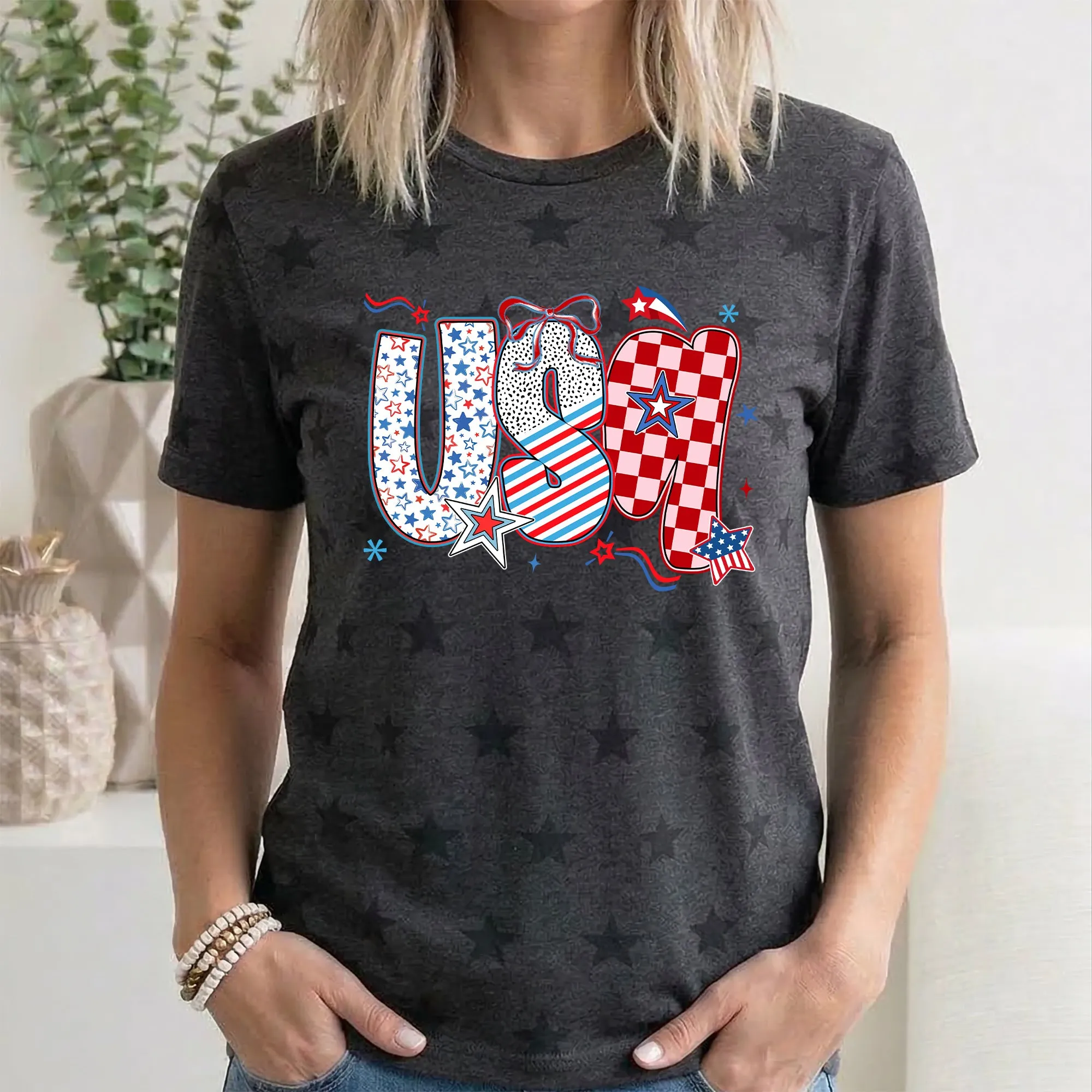 USA, Patriotic Patterns, Ribbons, Fourth of July, America, Star Pattern T-Shirt sold by Refinery Number One