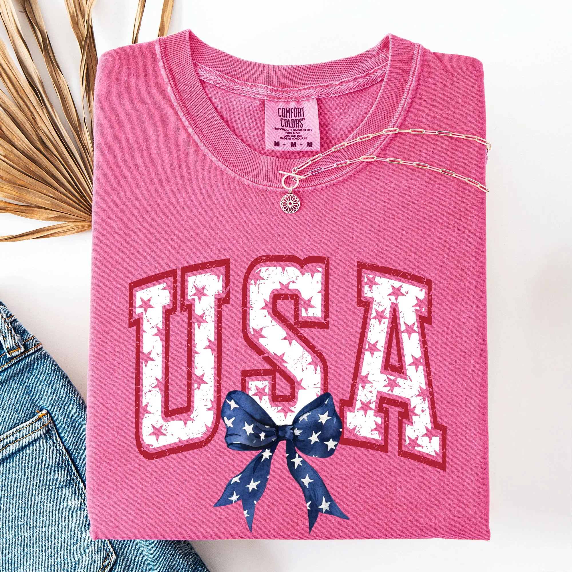 USA, Vintage Varsity, Bow, Ribbon, Patriotic, Gorgeous, America Comfort Colors T-Shirt sold by Refinery Number One product image thumbnail 5