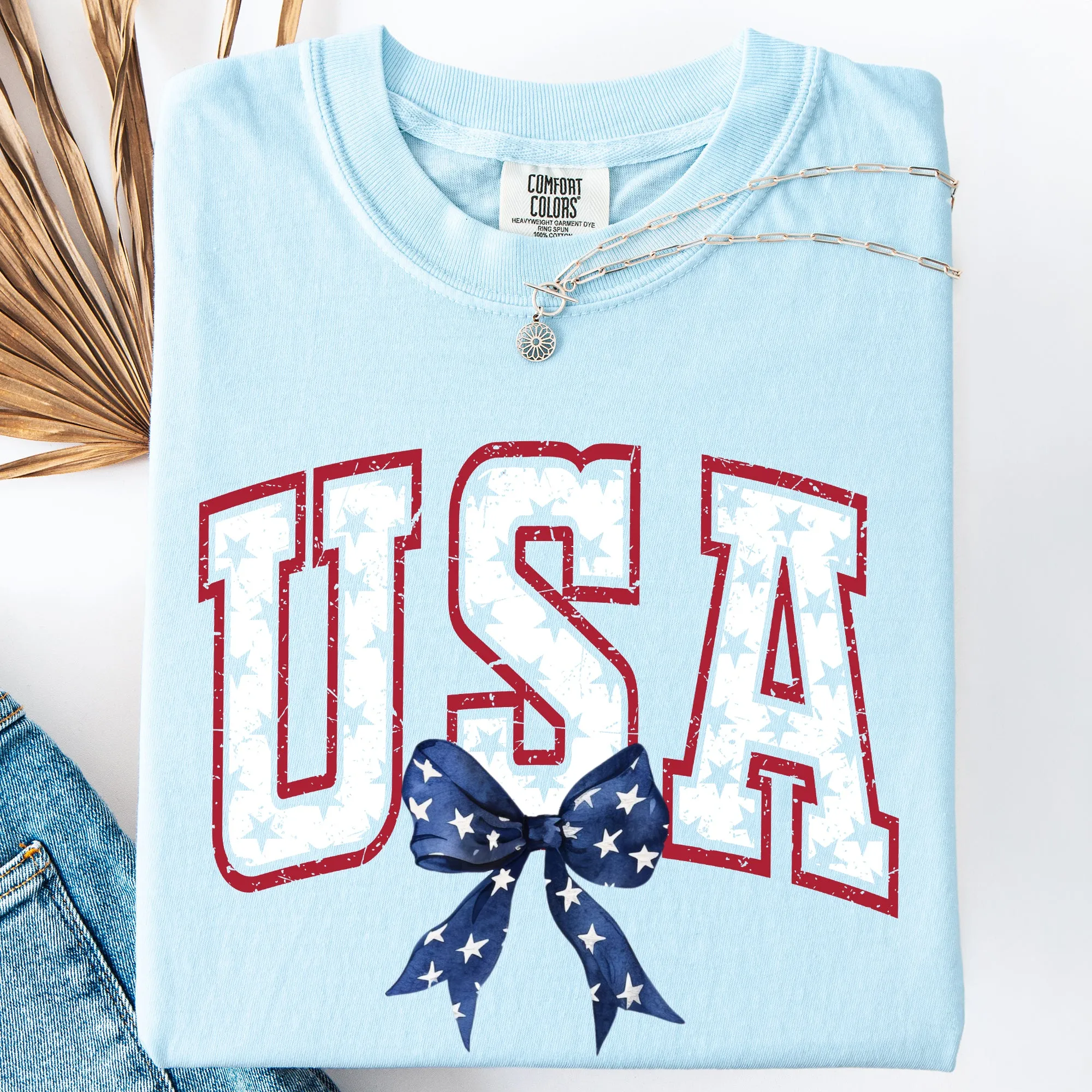 USA, Vintage Varsity, Bow, Ribbon, Patriotic, Gorgeous, America Comfort Colors T-Shirt sold by Refinery Number One