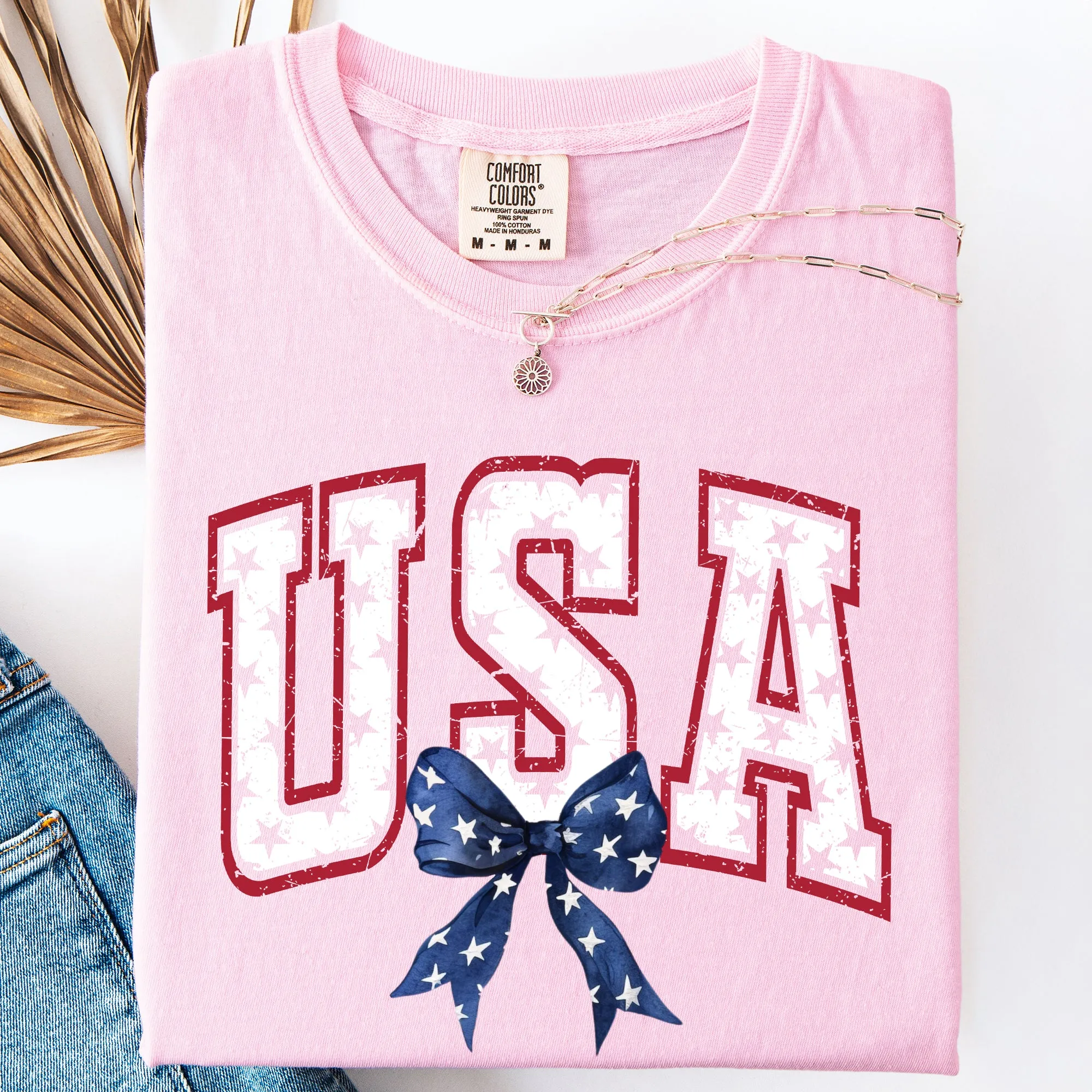 USA, Vintage Varsity, Bow, Ribbon, Patriotic, Gorgeous, America Comfort Colors T-Shirt sold by Refinery Number One product image thumbnail 3