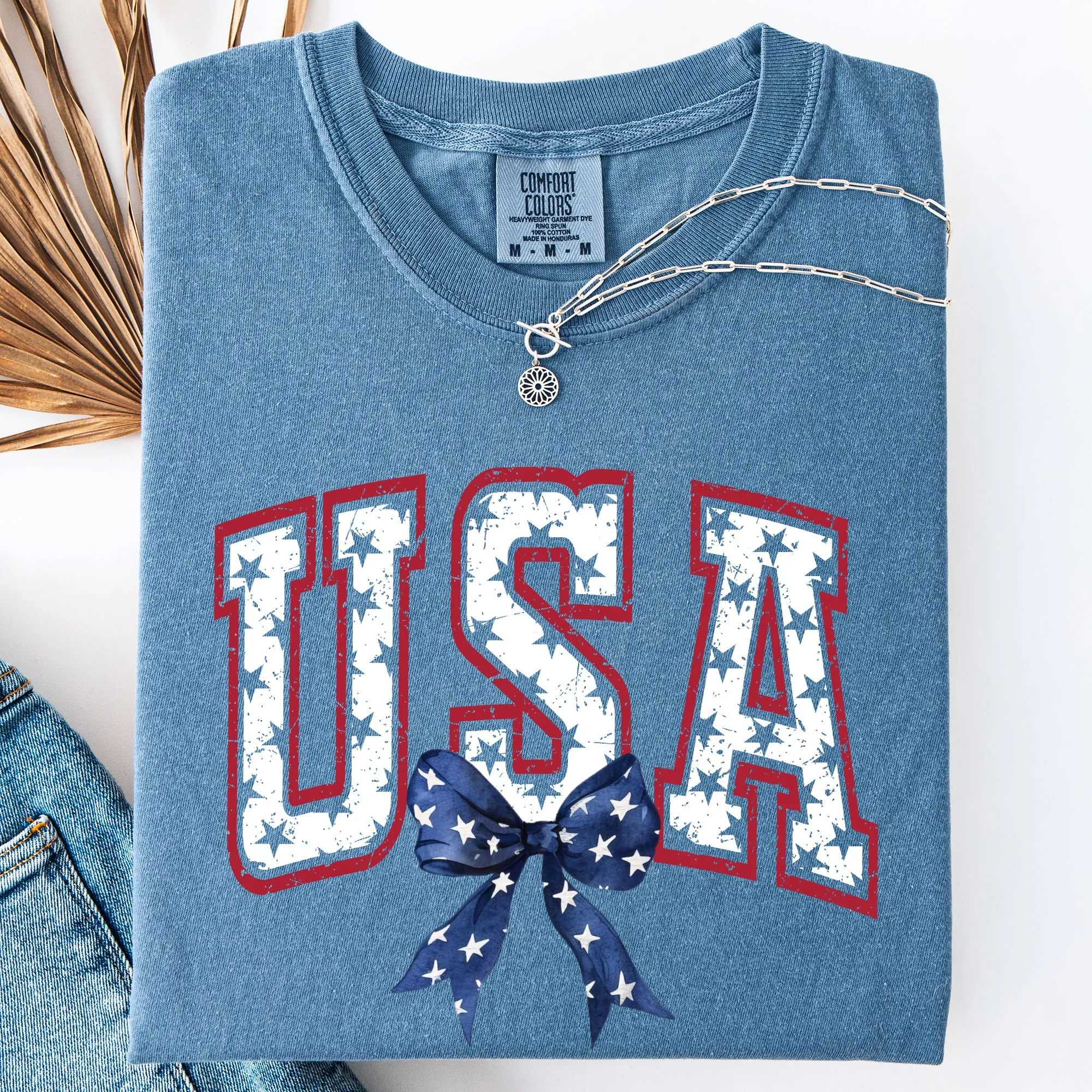 USA, Vintage Varsity, Bow, Ribbon, Patriotic, Gorgeous, America Comfort Colors T-Shirt sold by Refinery Number One product image thumbnail 4