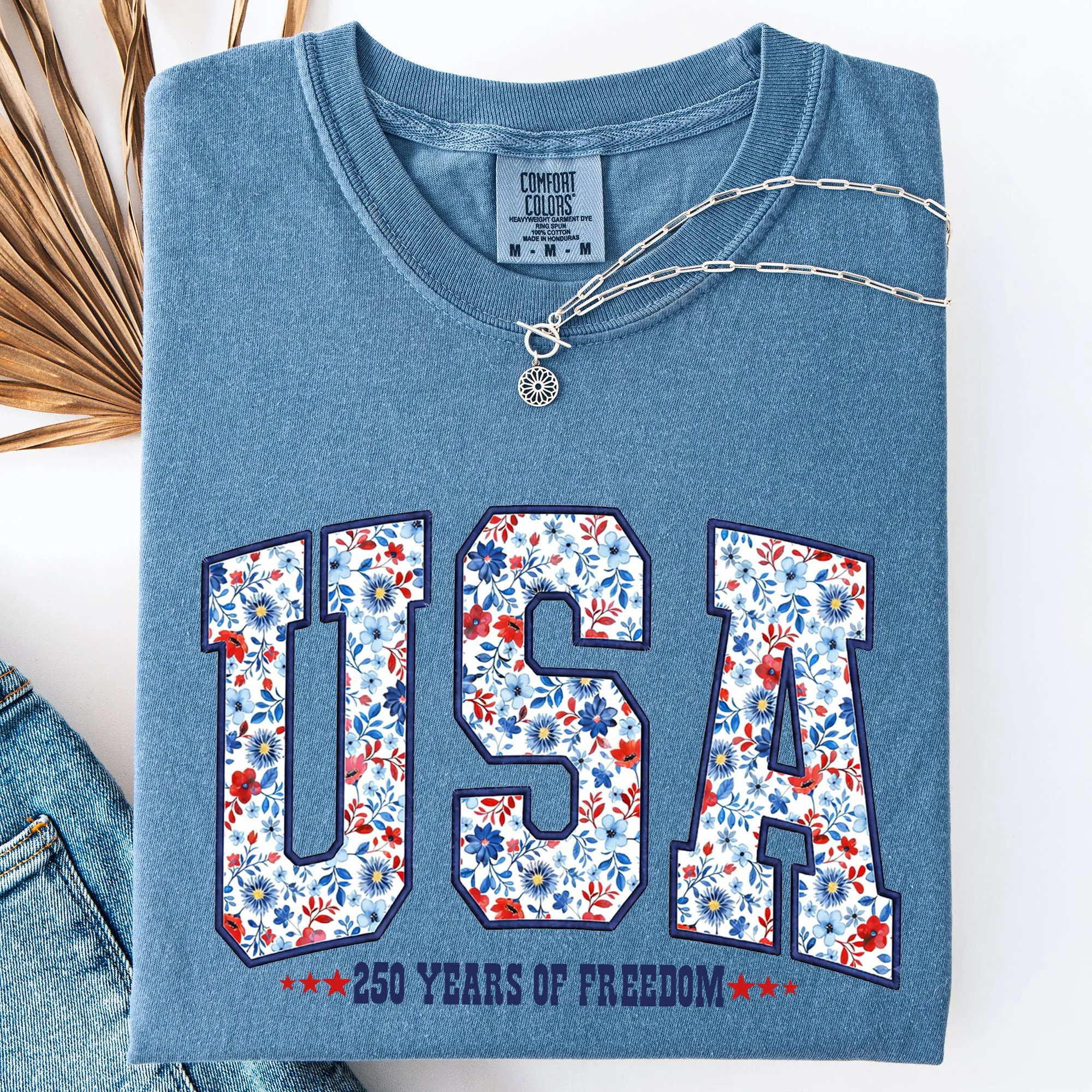 USA, Patriotic Floral, 250 Years of Freedom, Varsity, America Comfort Colors T-Shirt sold by Refinery Number One product image thumbnail 4