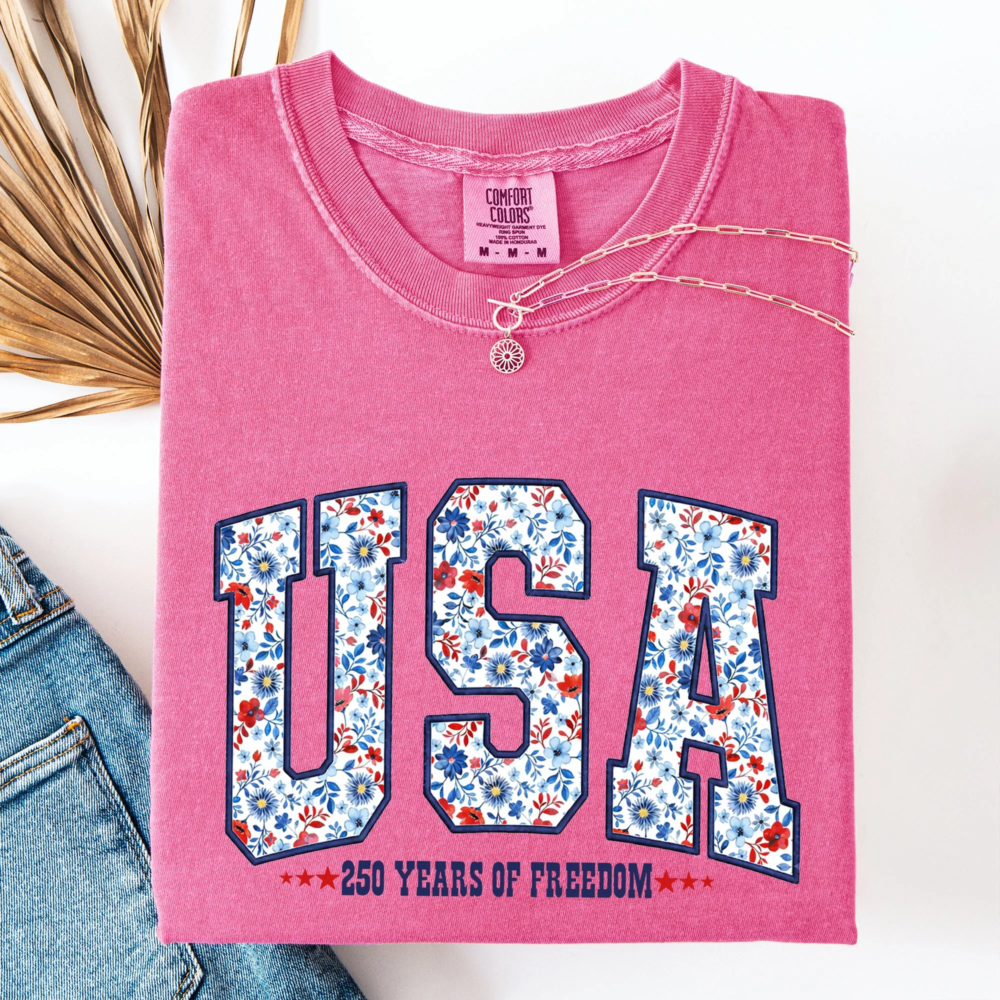 USA, Patriotic Floral, 250 Years of Freedom, Varsity, America Comfort Colors T-Shirt sold by Refinery Number One product image thumbnail 5