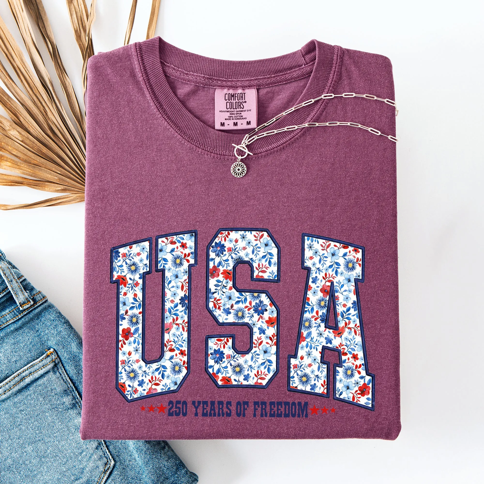 USA, Patriotic Floral, 250 Years of Freedom, Varsity, America Comfort Colors T-Shirt sold by Refinery Number One product image thumbnail 2